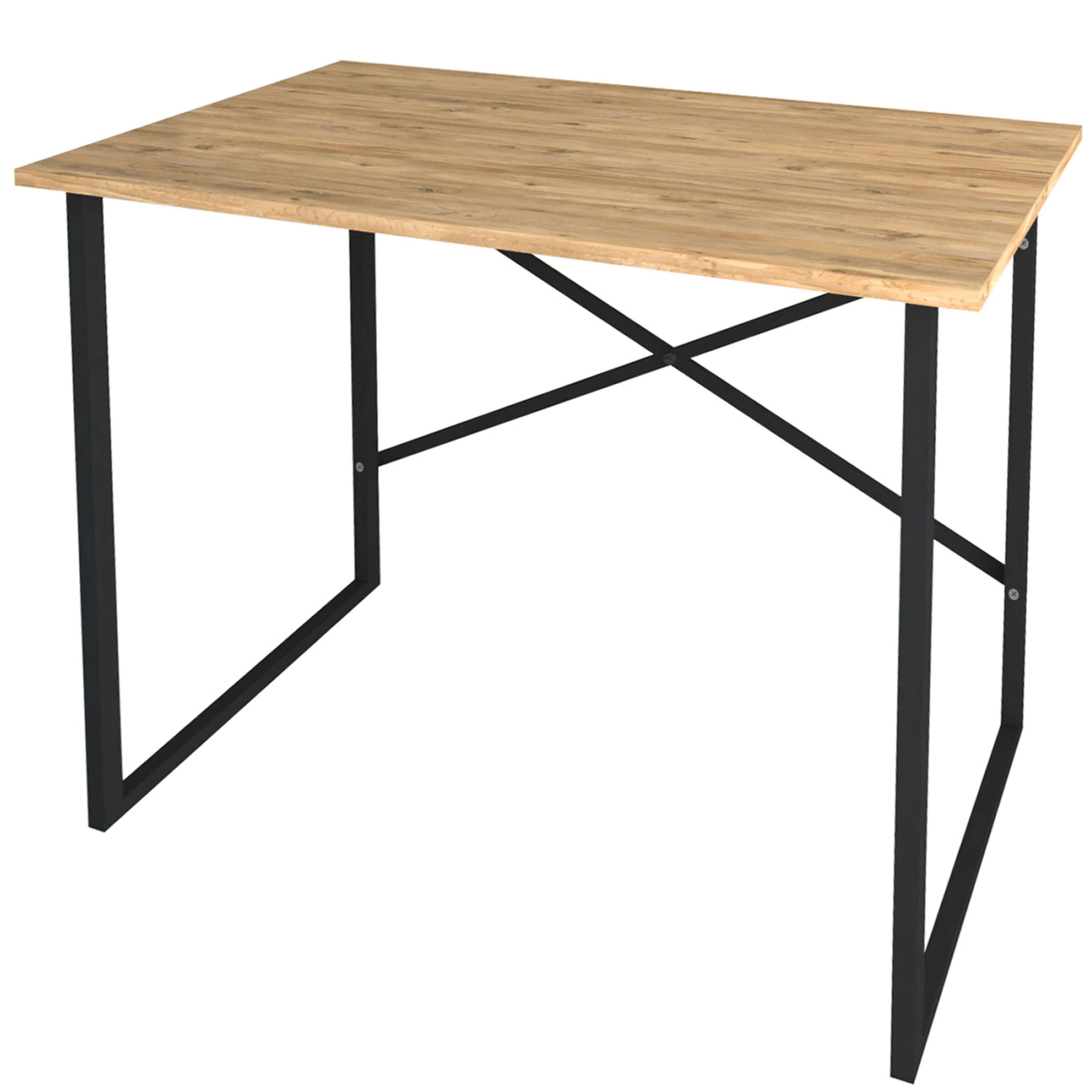 Una mesa rectangular de madera con estructura de metal negro.