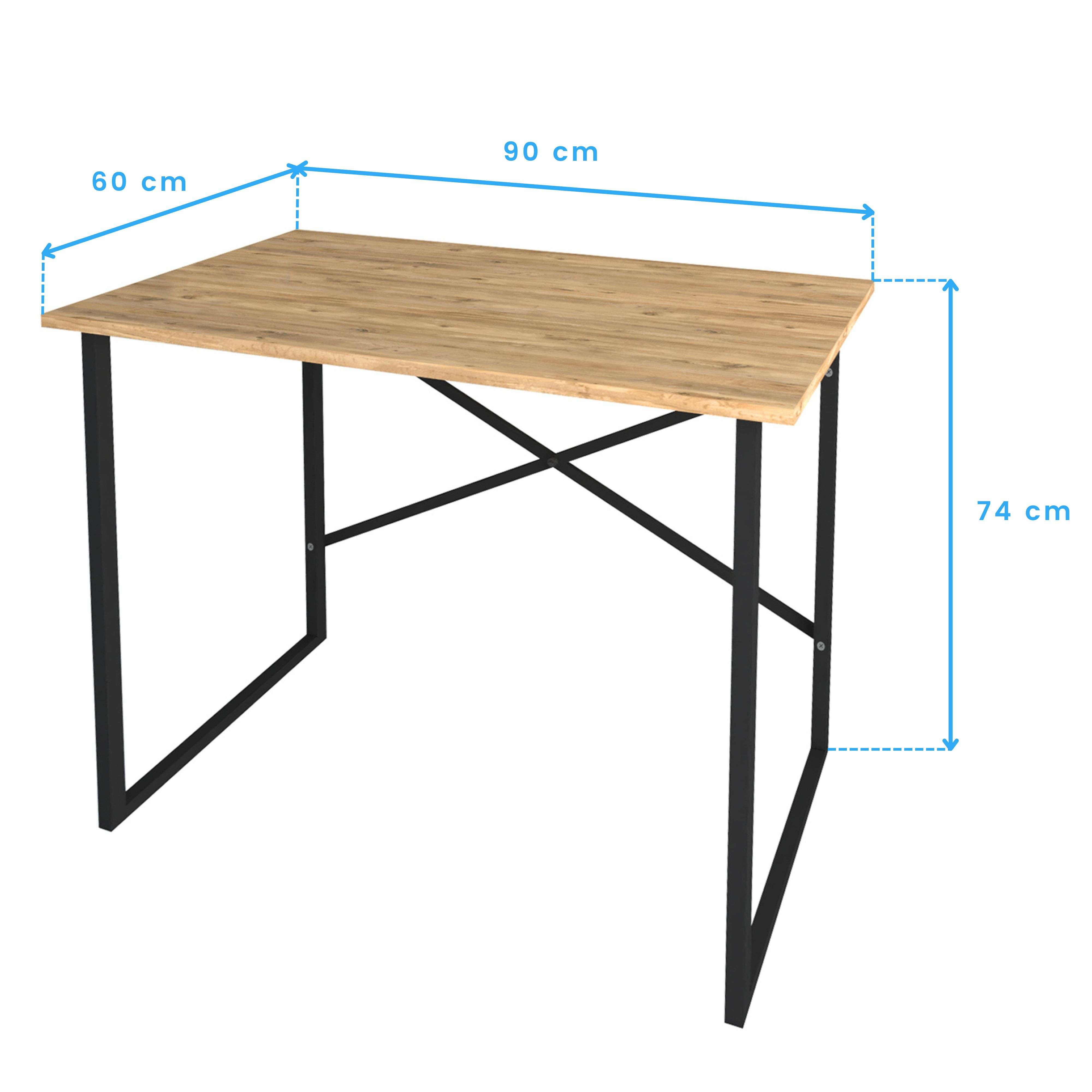 Mesa de madera con patas metálicas negras, 90x60x74 cm.