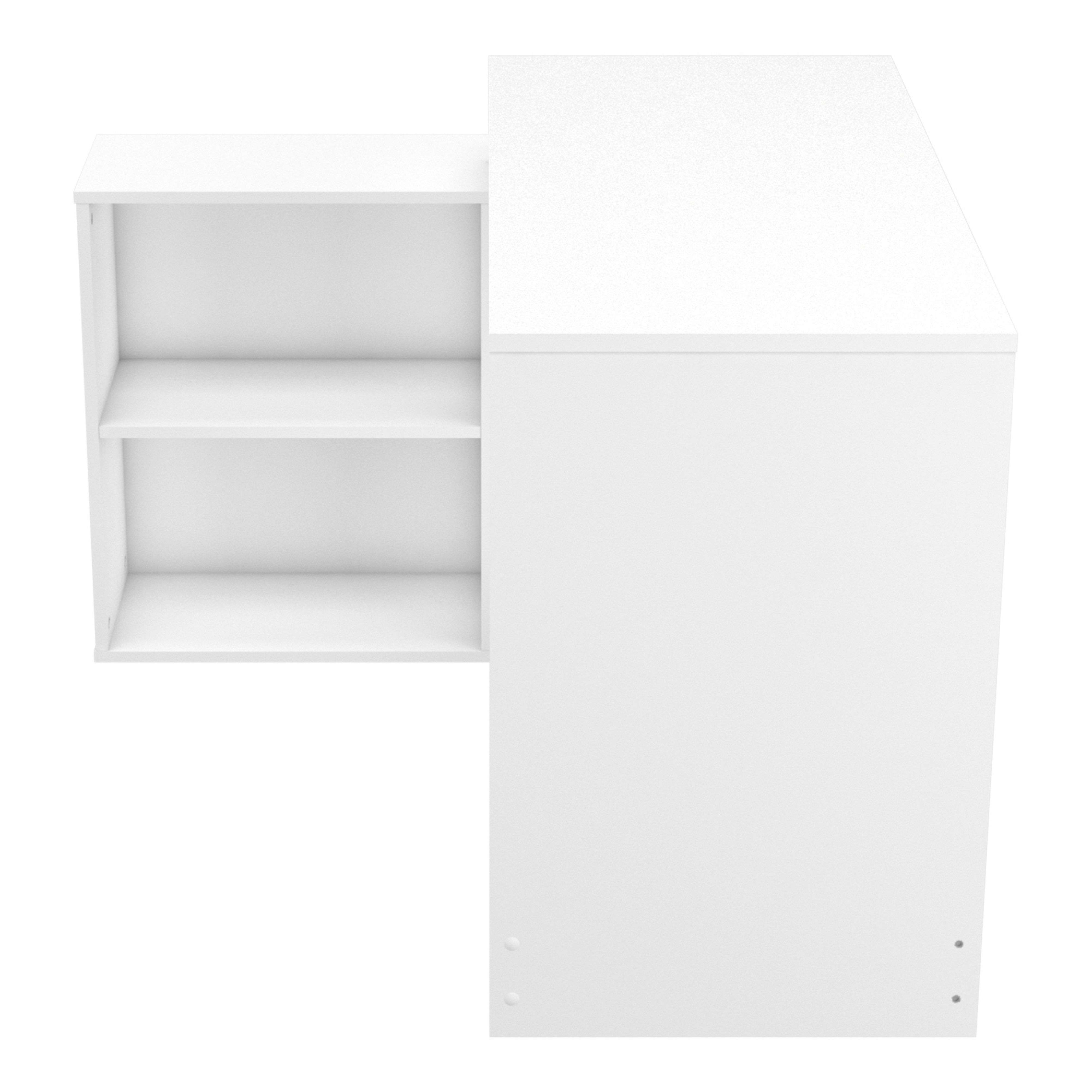 Un mueble blanco con dos estantes y una sección lateral cerrada.