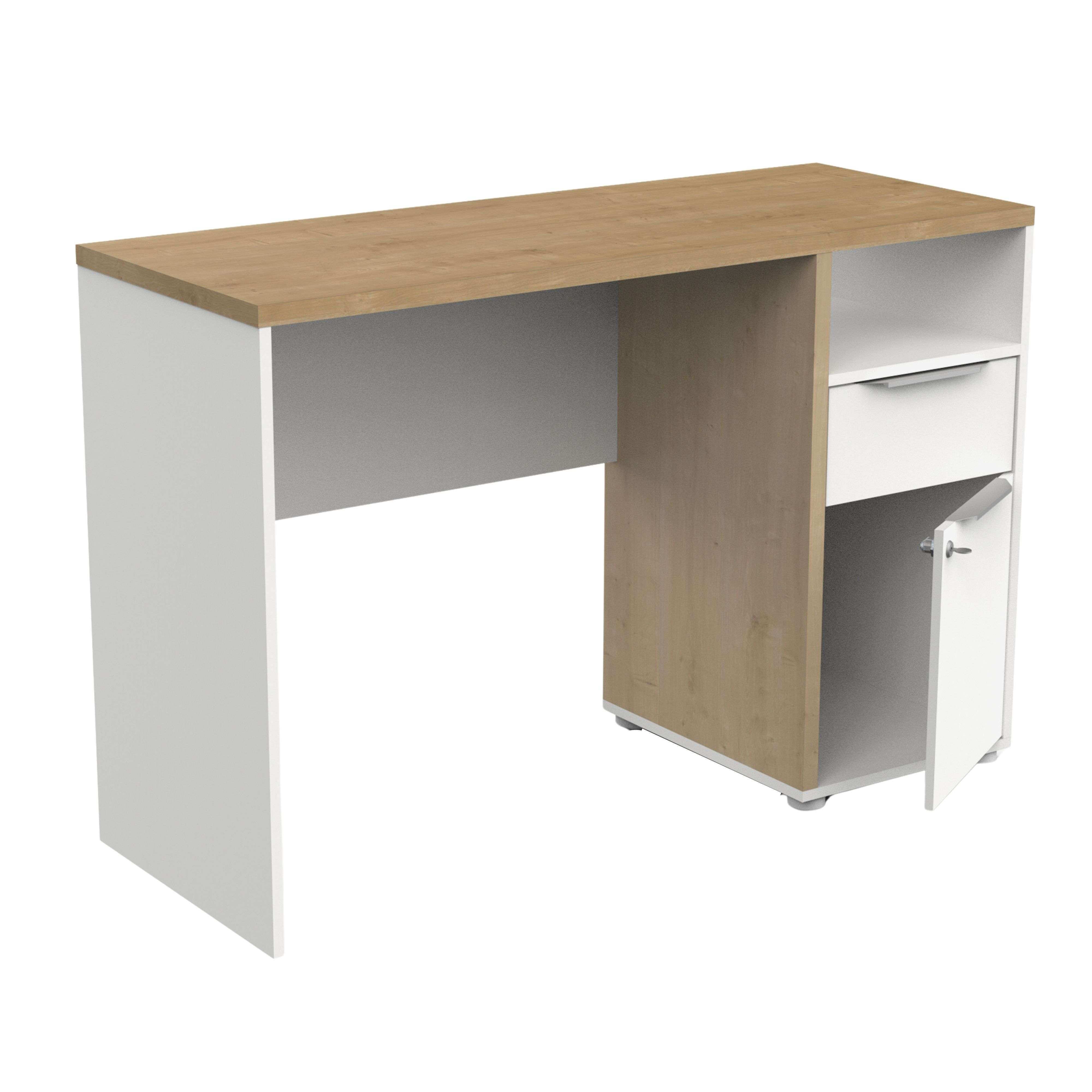 Escritorio moderno con tapa de madera clara, cuerpo blanco y estantería abierta.