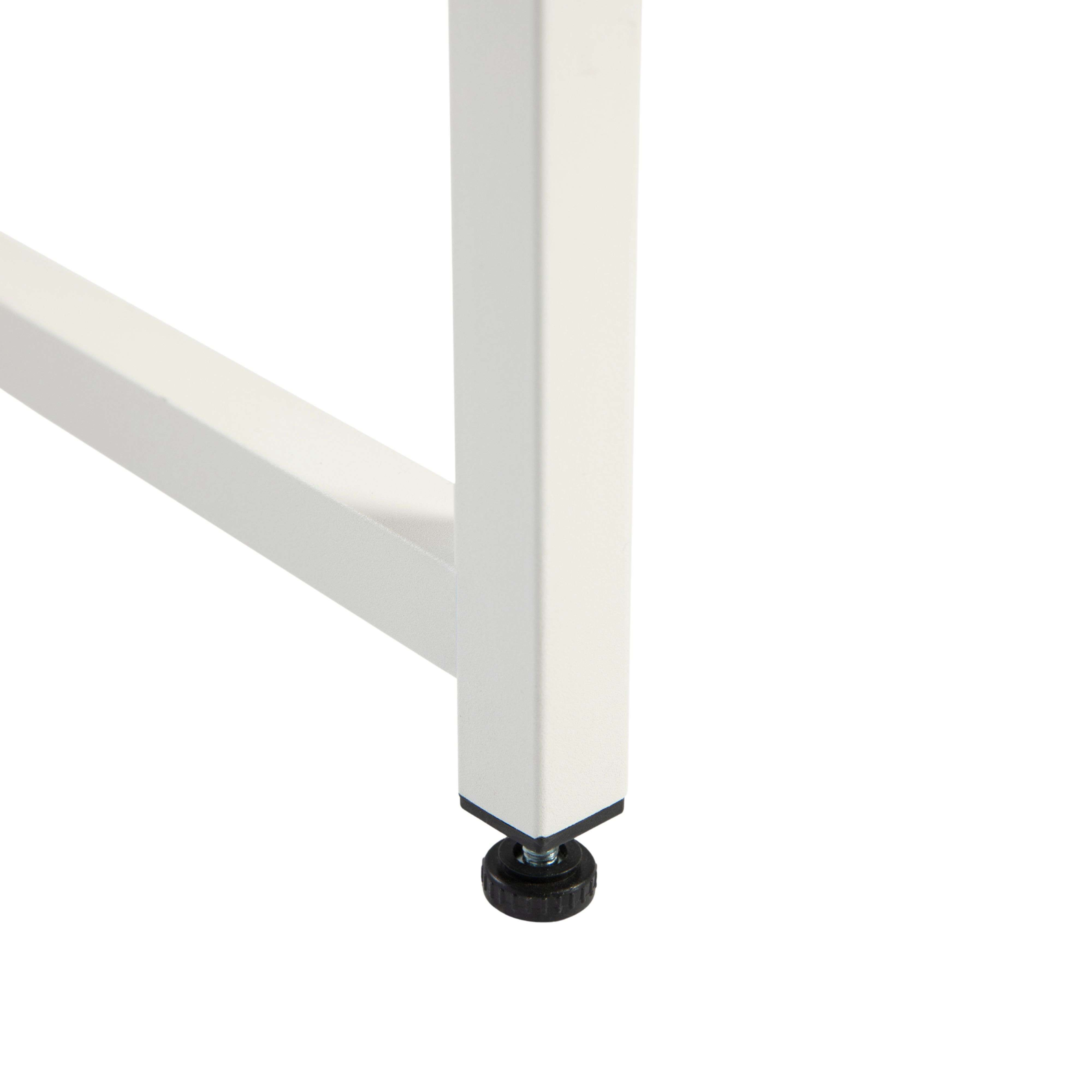 Una pata de mesa blanca con pie negro ajustable sobre fondo blanco.