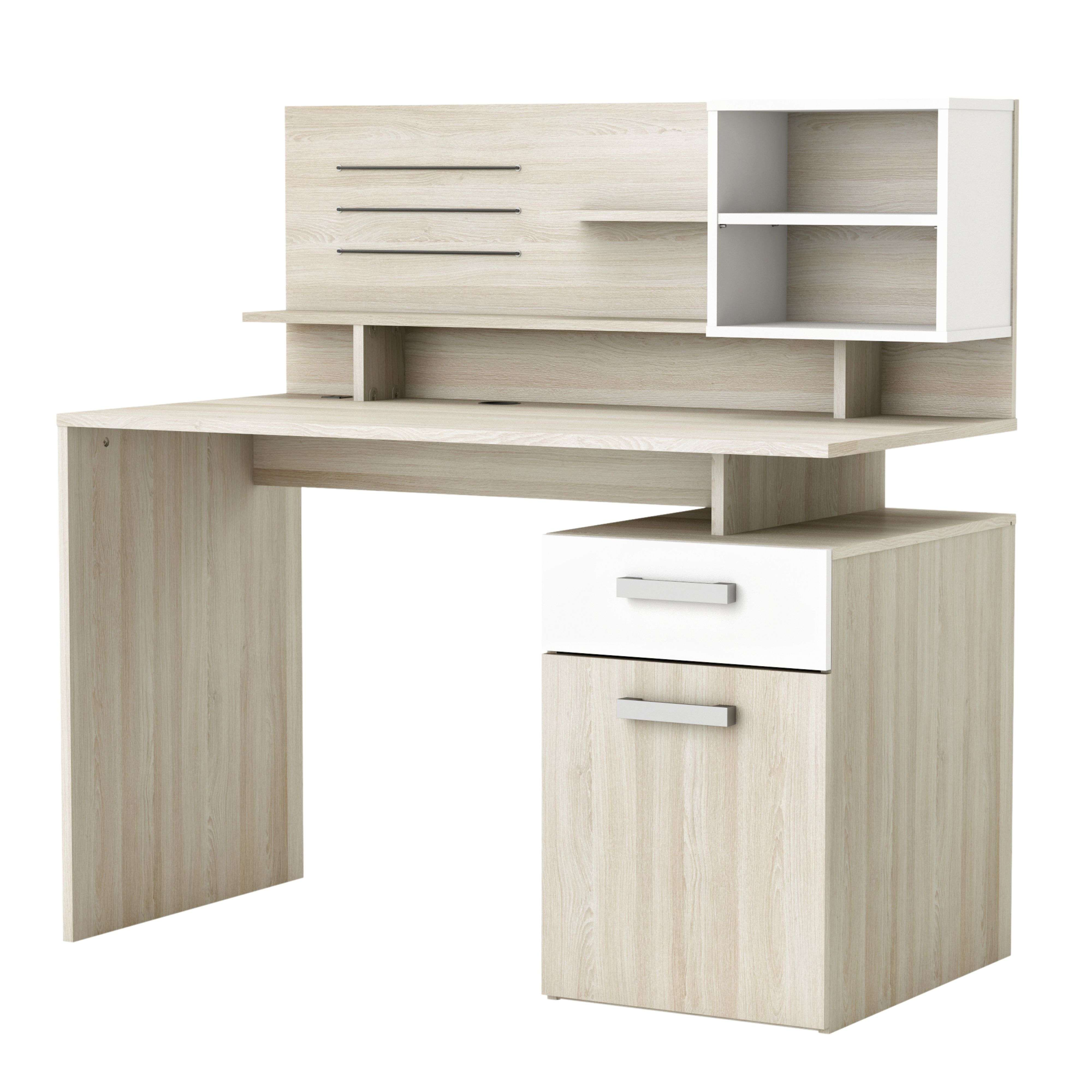 Un escritorio de madera clara con cajones y estantes blancos.