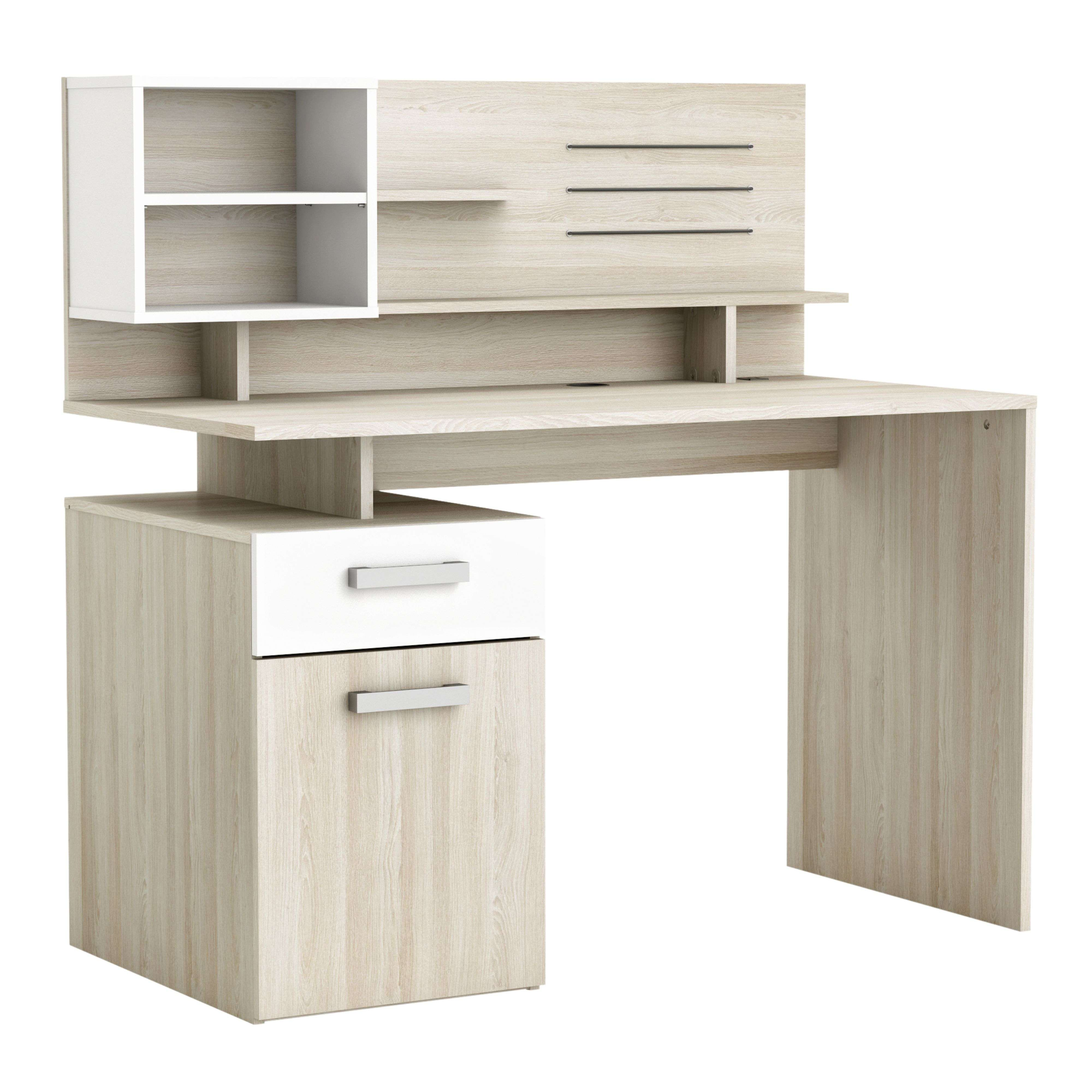 Escritorio moderno con estantes y cajones en efecto madera clara y blanco.