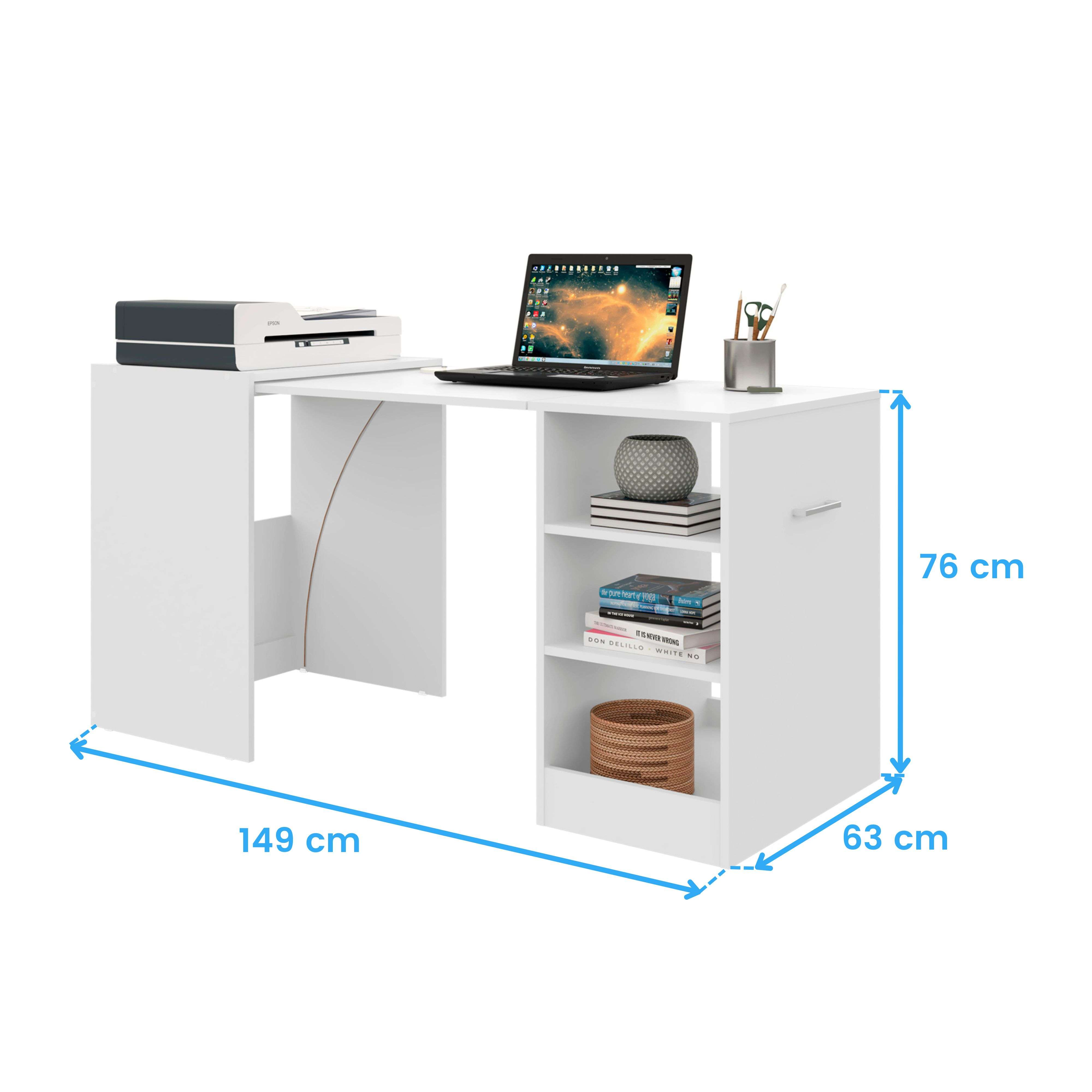 Un escritorio blanco con laptop, impresora y libros. Se indican las dimensiones.