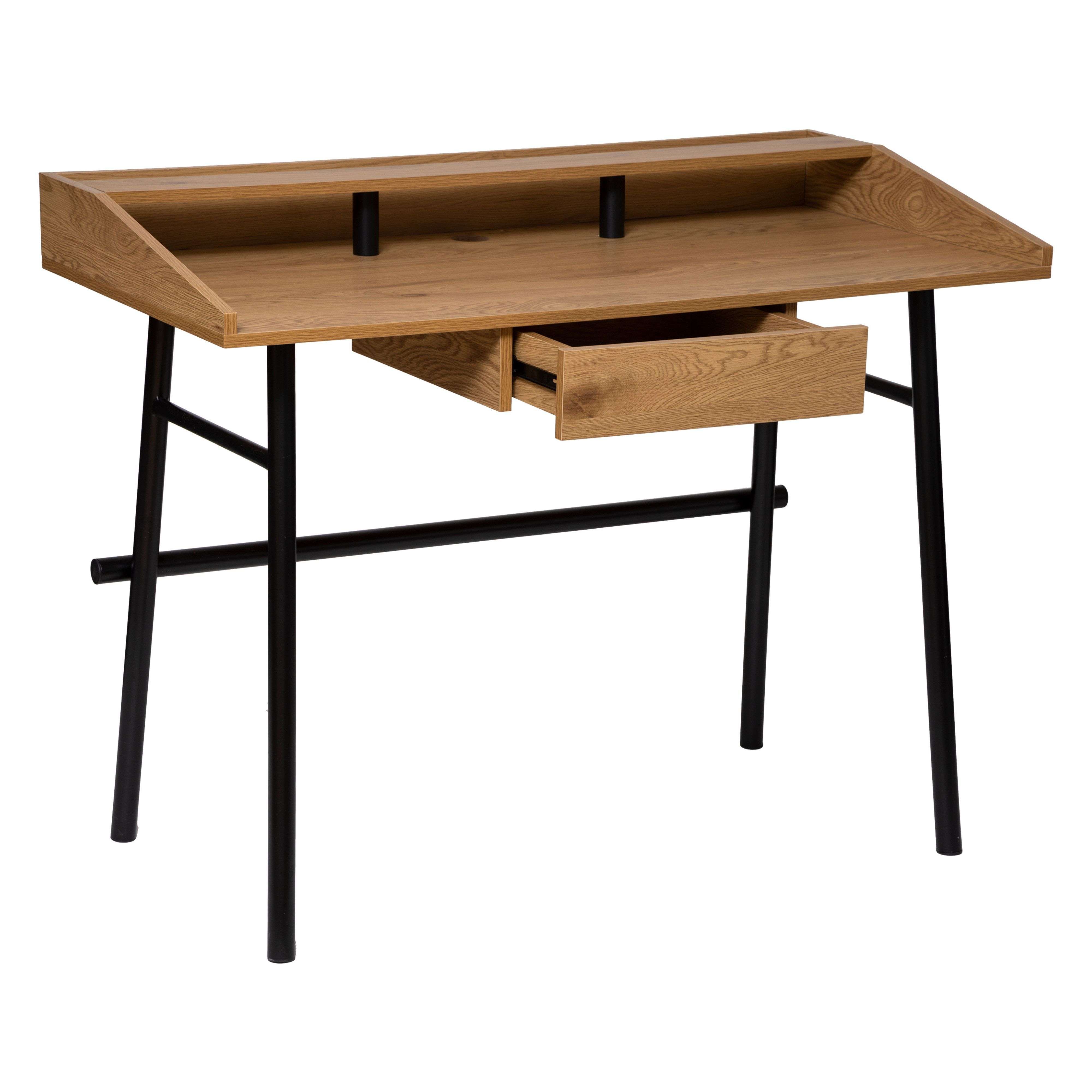 Un escritorio de madera con patas de metal negras y un cajón abierto.