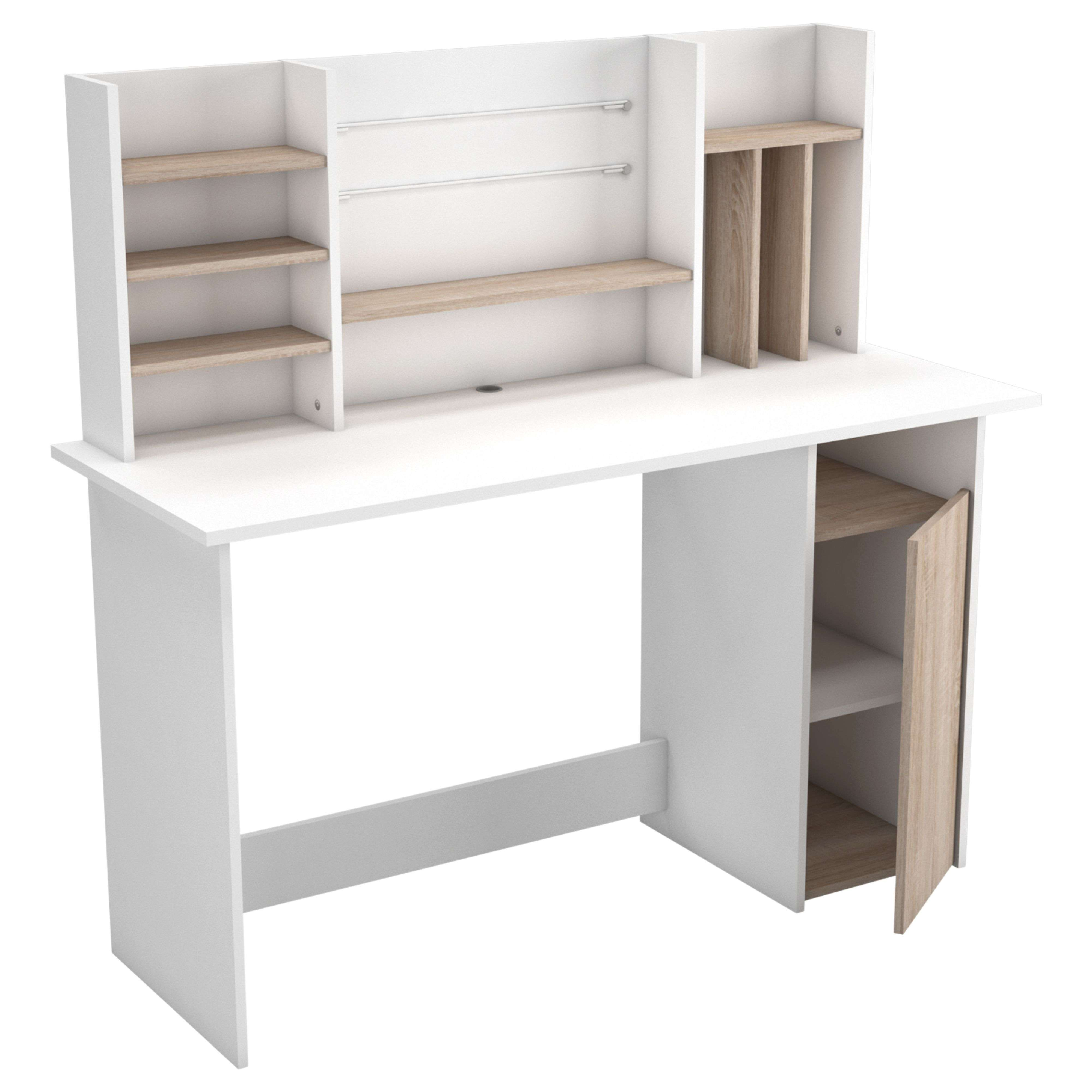 Un escritorio blanco con estantes de madera y un compartimento abierto.