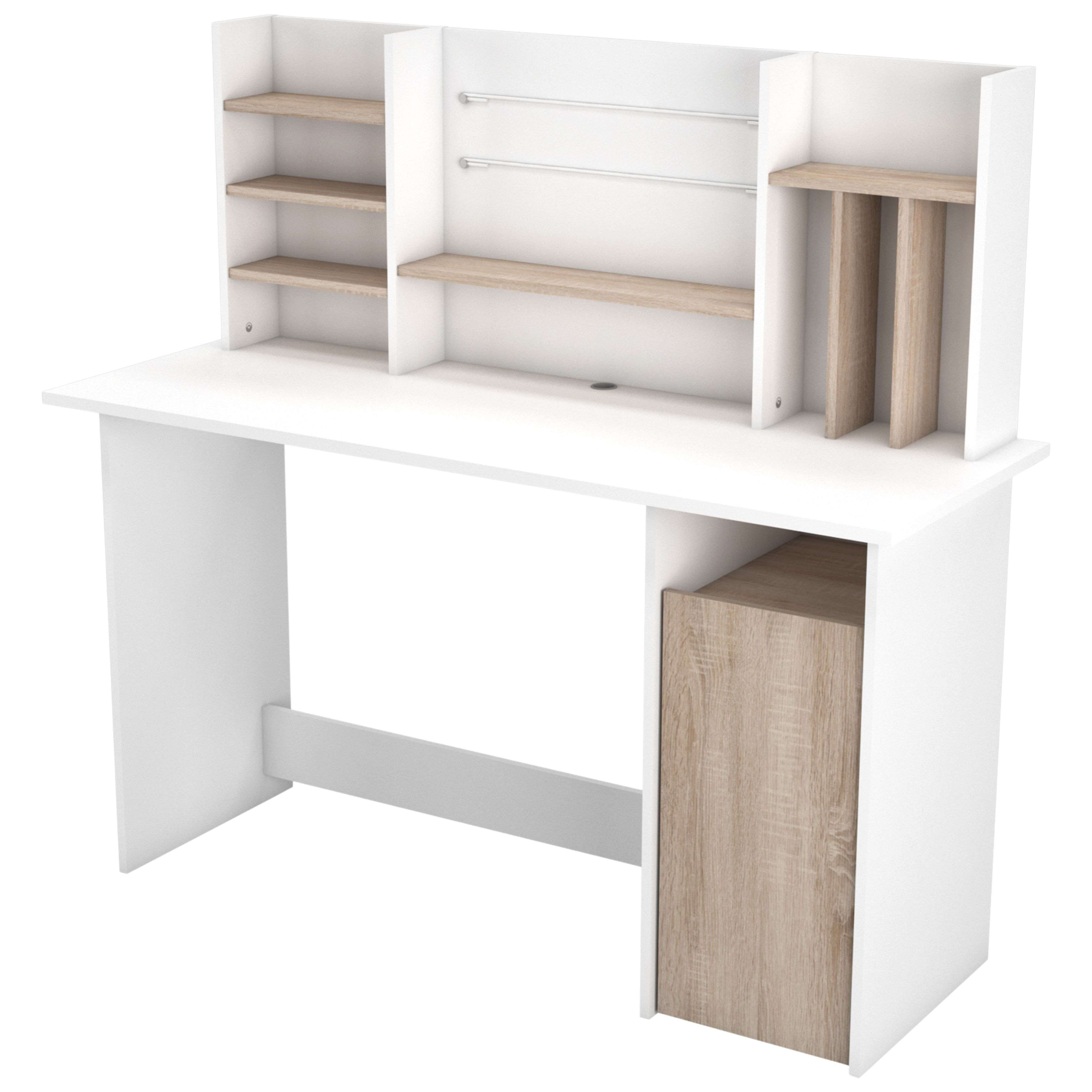 Un escritorio blanco con detalles de madera y estantes.