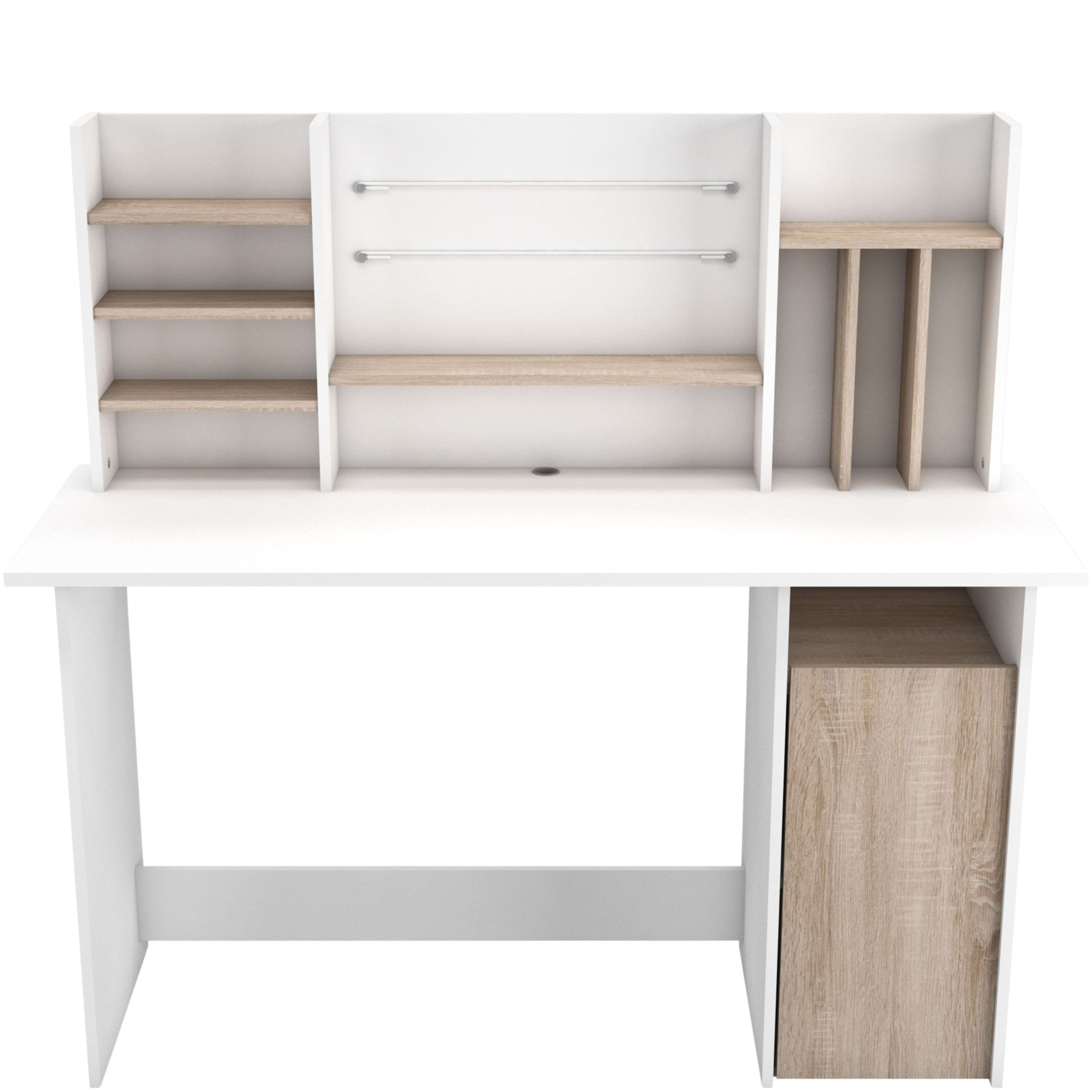 Un escritorio blanco con detalles en madera, con varios estantes y cajonera.