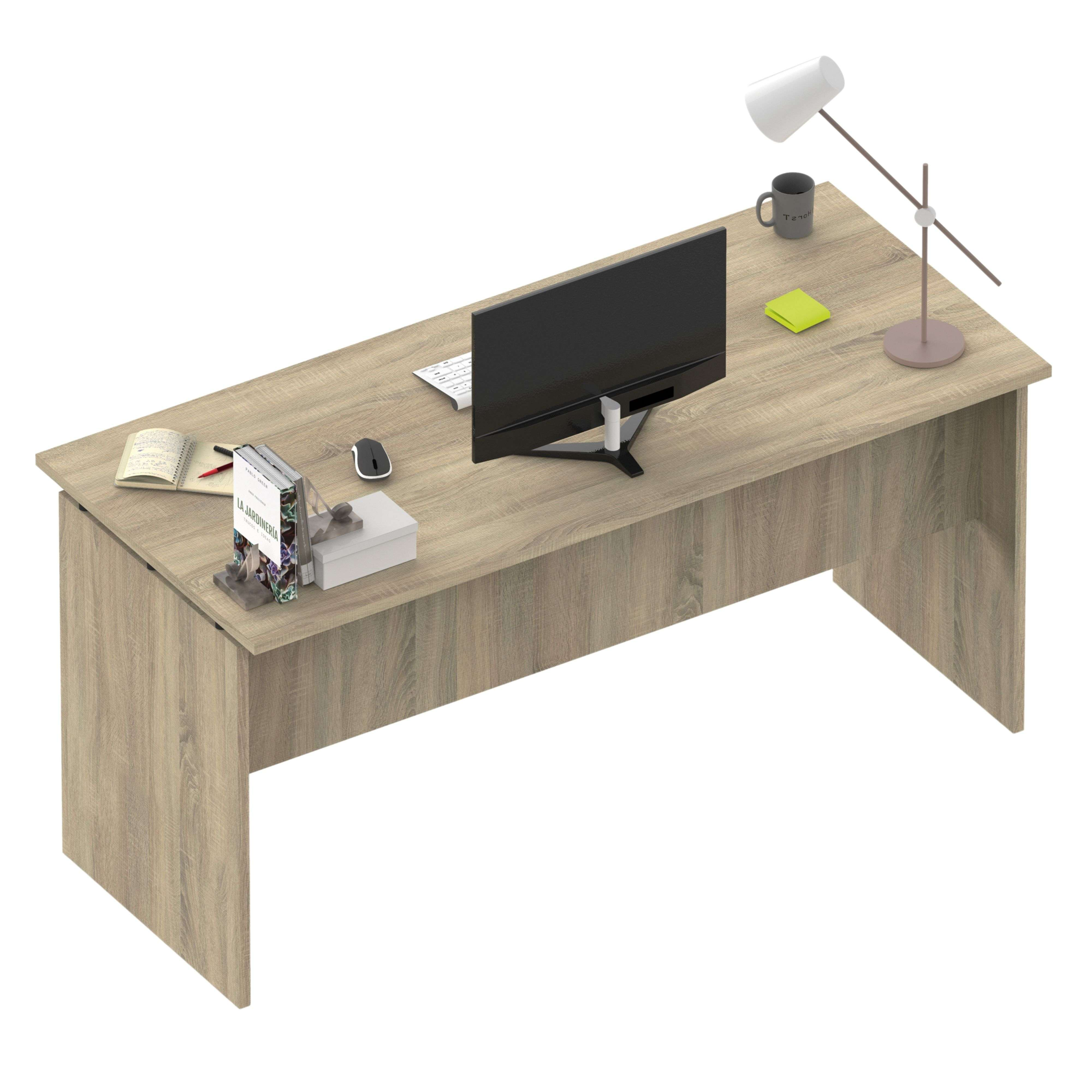 Un escritorio de madera con monitor, teclado, ratón, cuaderno, bolígrafos, libro y lámpara.