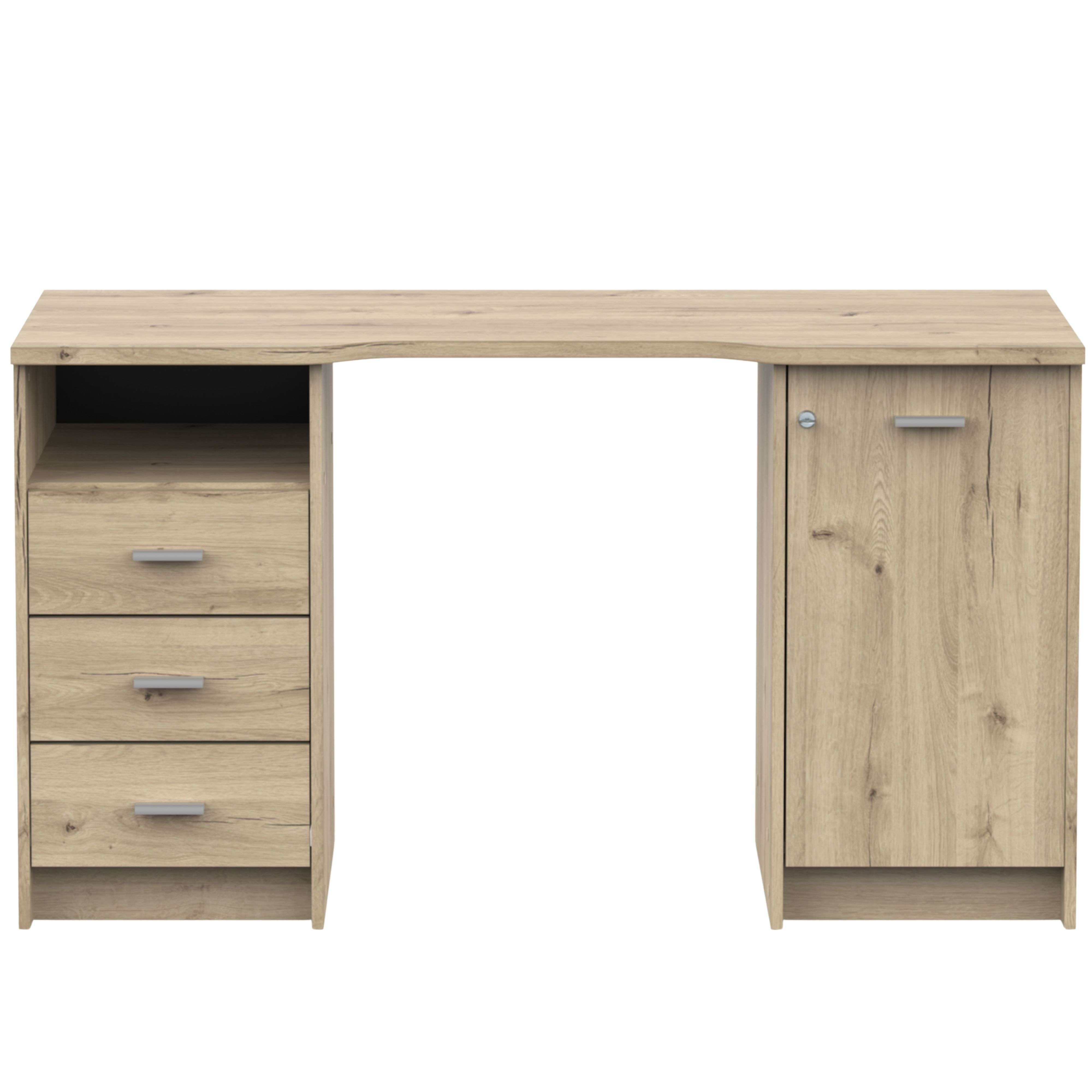 Un escritorio de madera clara con tres cajones a la izquierda y una puerta a la derecha.