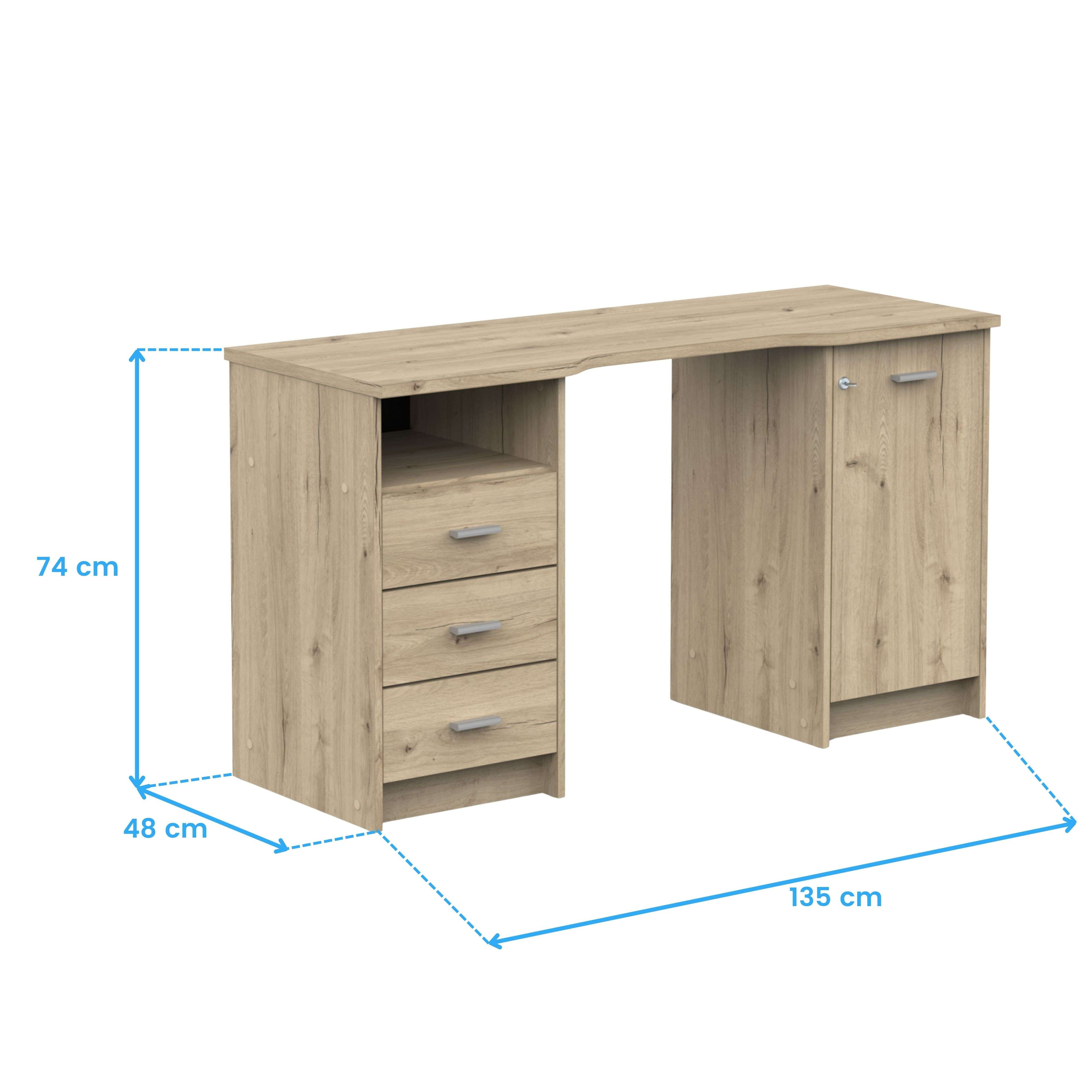 Escritorio de madera con tres cajones y un armario, dimensiones 135x48x74cm.