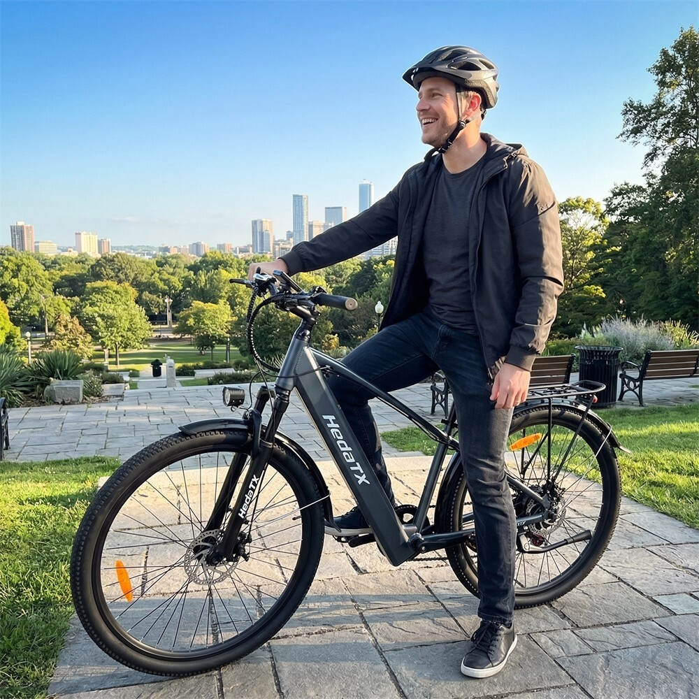 Mężczyzna w kasku na rowerze elektrycznym w parku z widokiem na miasto