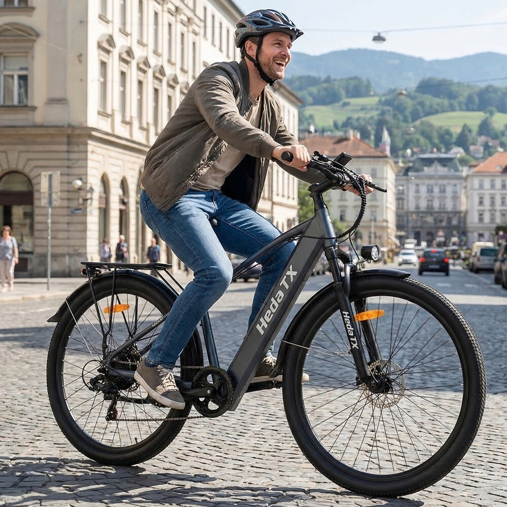 Mężczyzna jedzie rowerem elektrycznym po brukowanej ulicy w mieście.