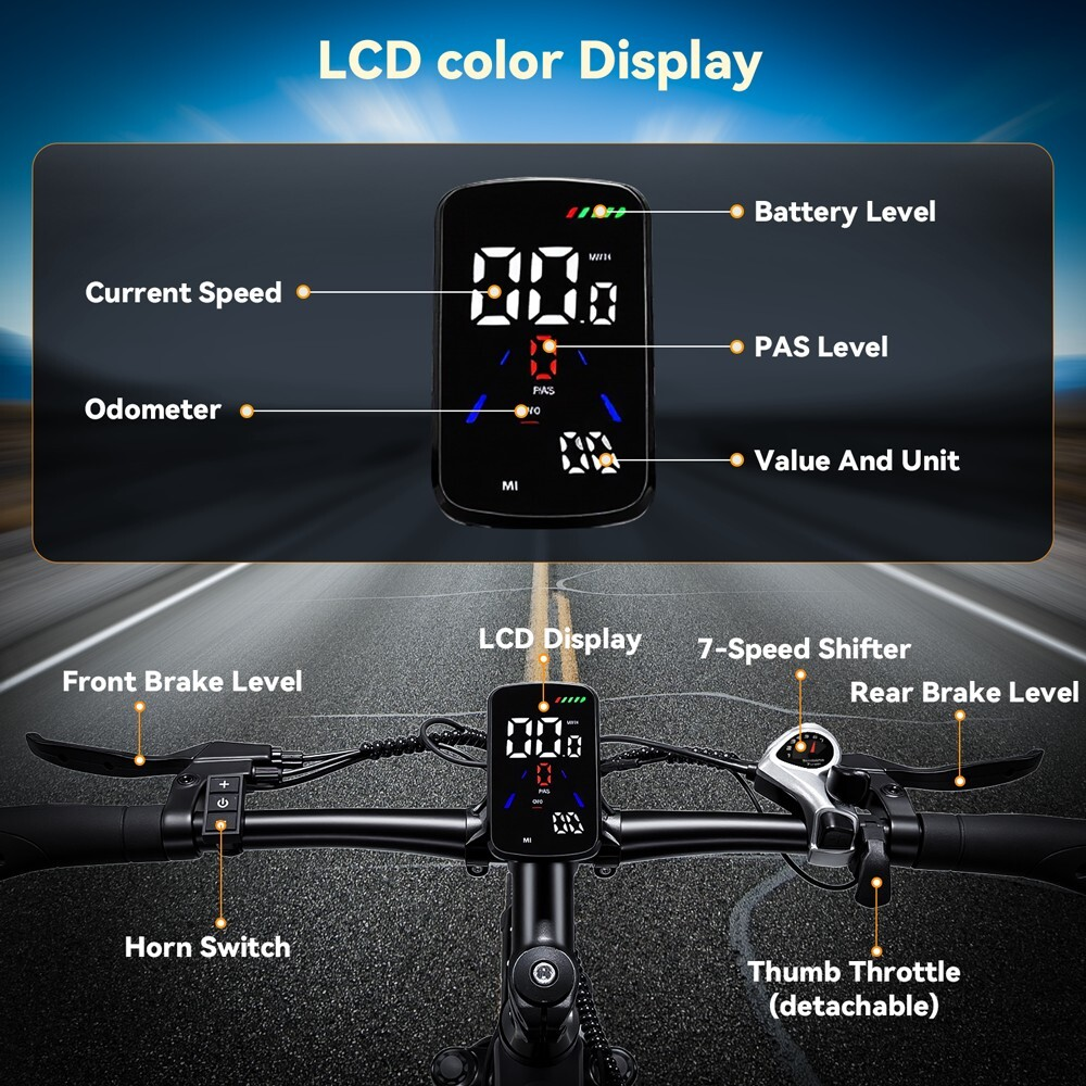 Kierownica roweru z wyświetlaczem LCD pokazującym prędkość, poziom baterii i manetkę.