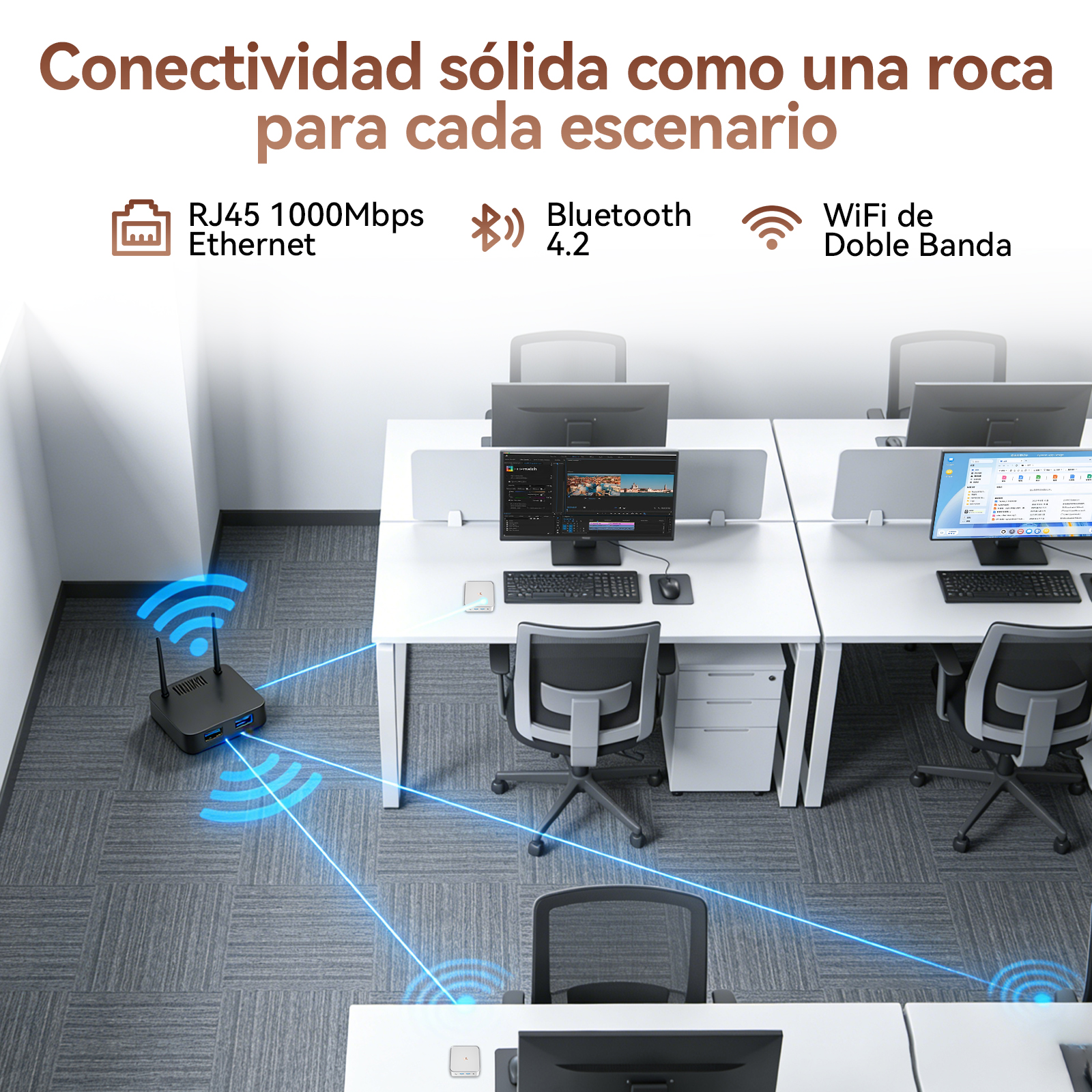 Oficina con ordenadores, router y rayos de conexión.