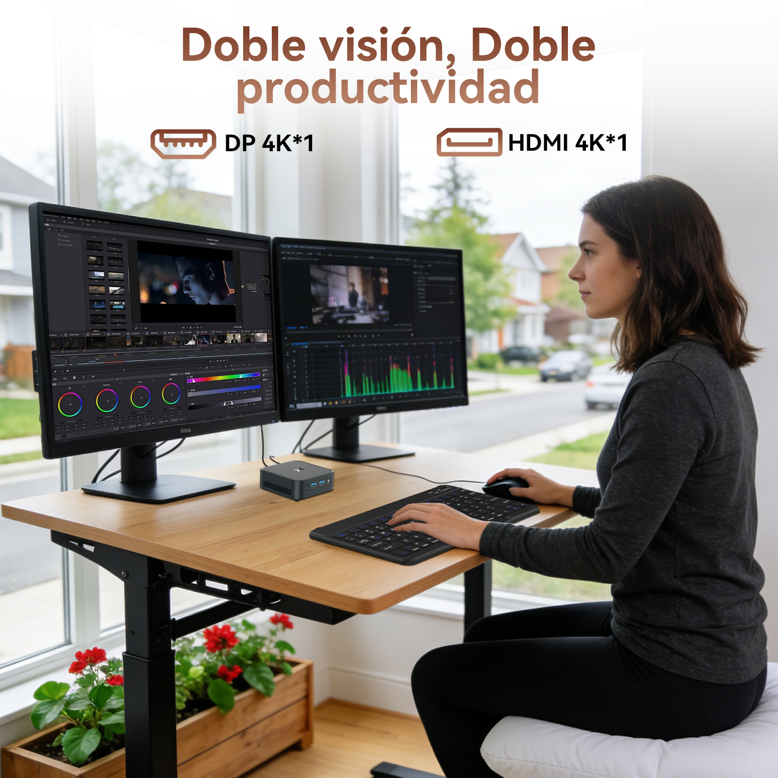 Mujer trabaja en monitores duales 4K con una mini PC.