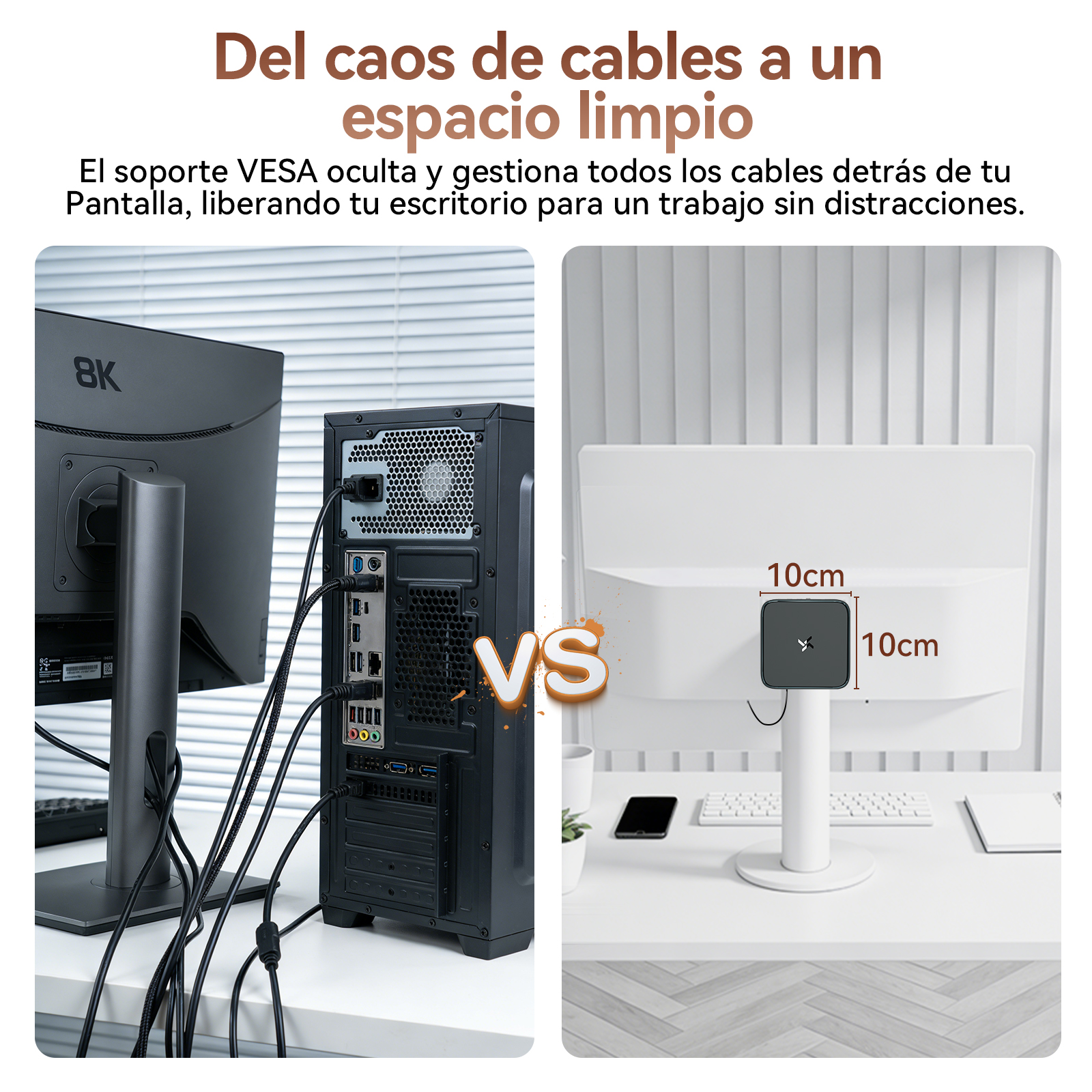 Comparación antes/después: Desorden de cables vs. escritorio ordenado.