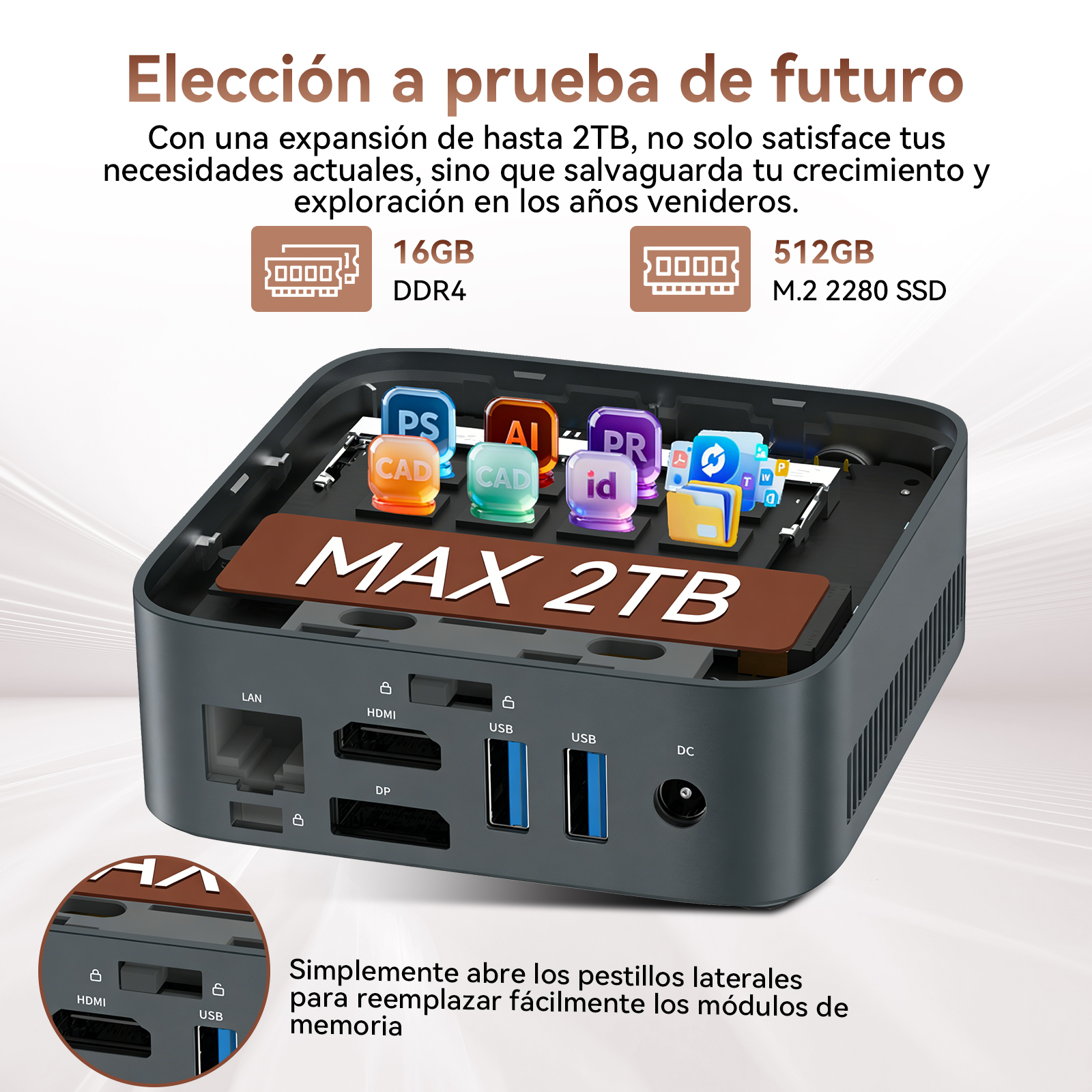 Un PC compacto con almacenamiento expandible de 2TB, iconos de software y puertos.