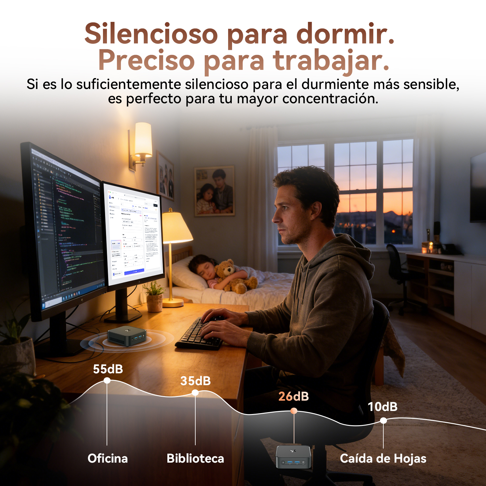 Hombre trabaja en escritorio, niño duerme en cama. Nivel de ruido bajo.