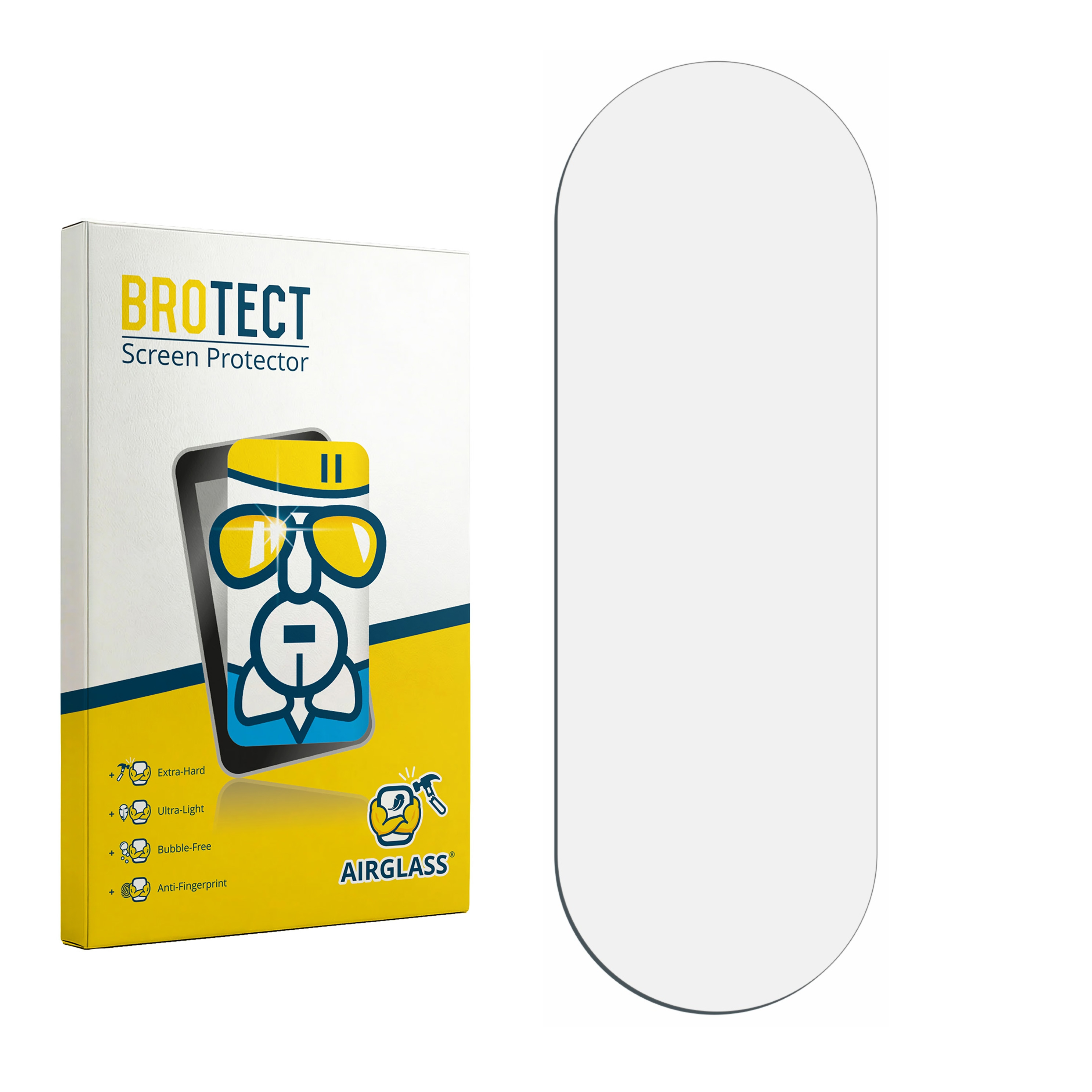 BROTECT Displayschutzverpackung neben einem klaren, ovalen Displayschutz.