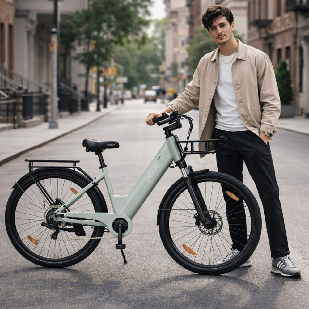 Mężczyzna stoi obok jasnoszabielonego roweru na ulicy miejskiej.