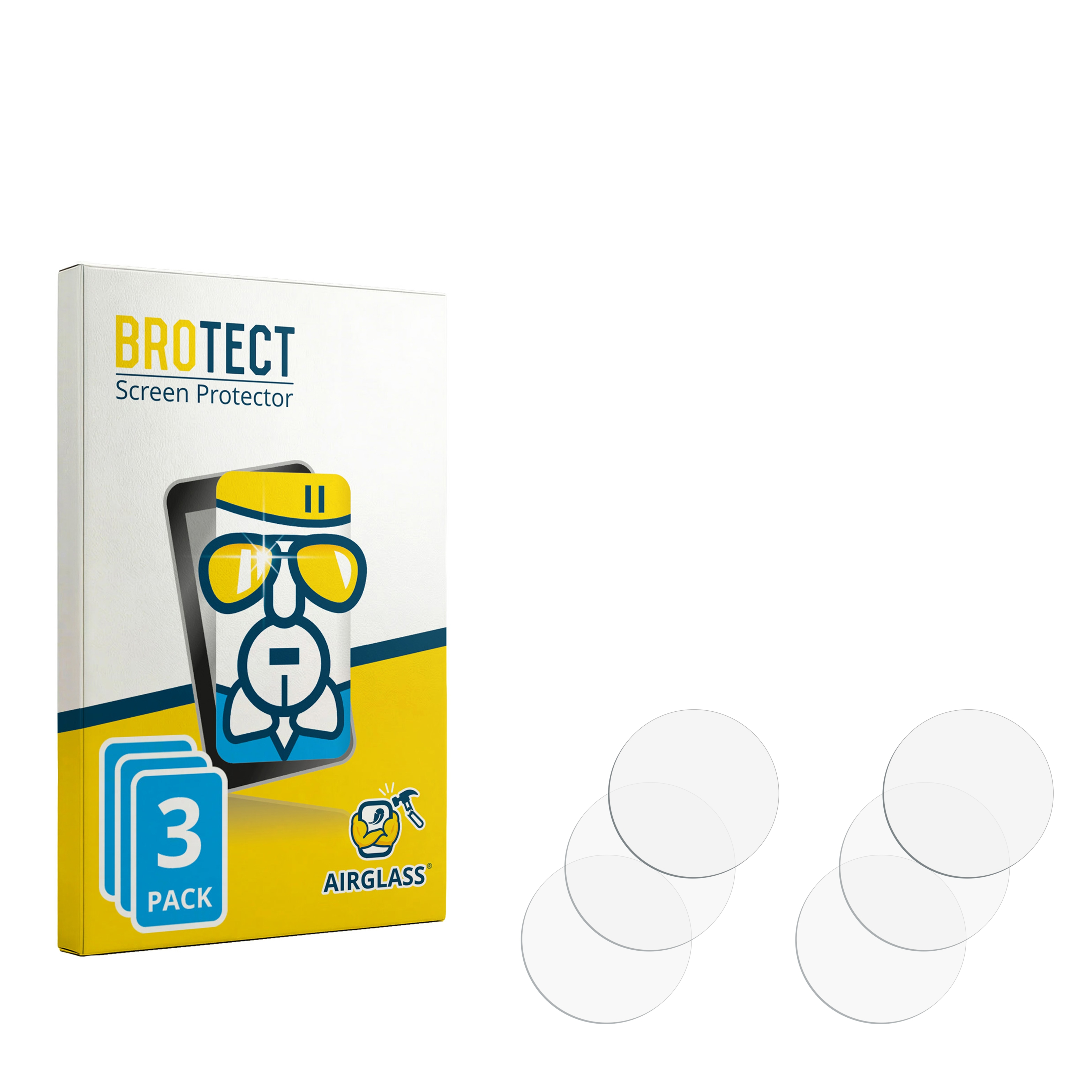 Brotect Screen Protector Verpackung mit 3 runden Glasfolien daneben.