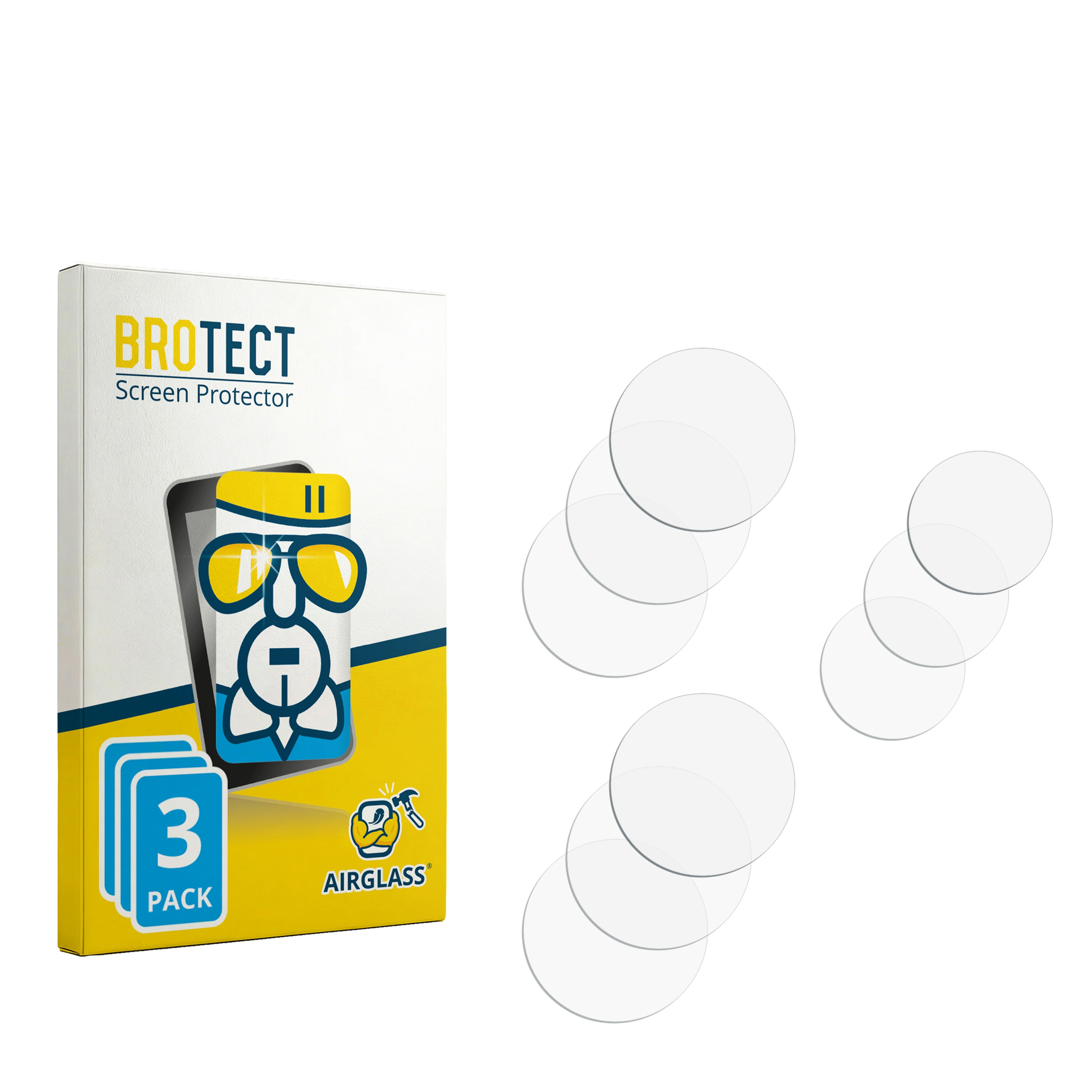 Packung "BROTECT Screen Protector" mit drei runden Schutzgläsern.