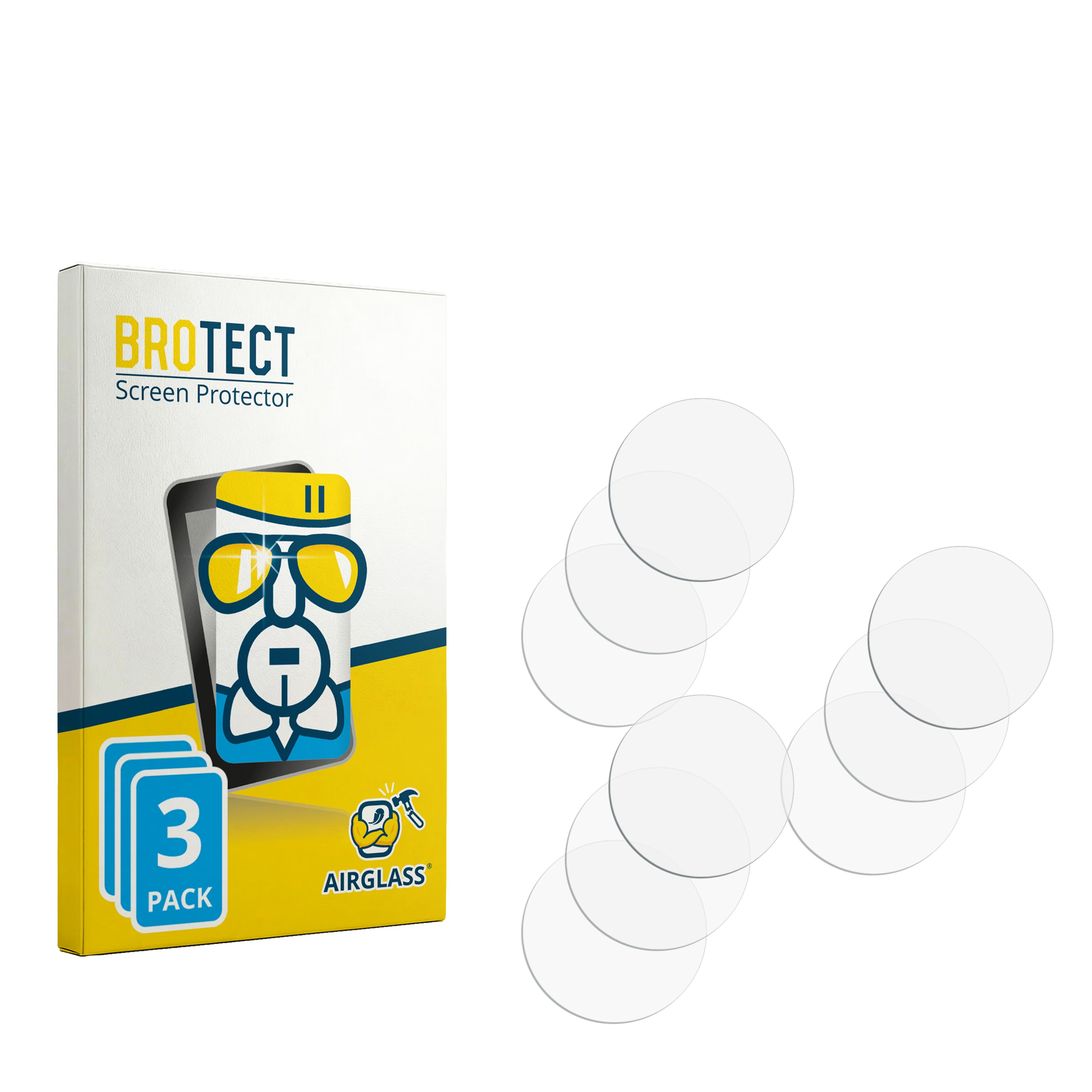 Verpackung mit "BROTECT" Logo und "3 PACK". Mehrere runde Displayschutzfolien liegen daneben.