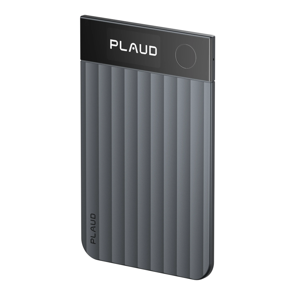 Szare urządzenie PLAJD z pionowymi rowkami i podświetlanym logo.