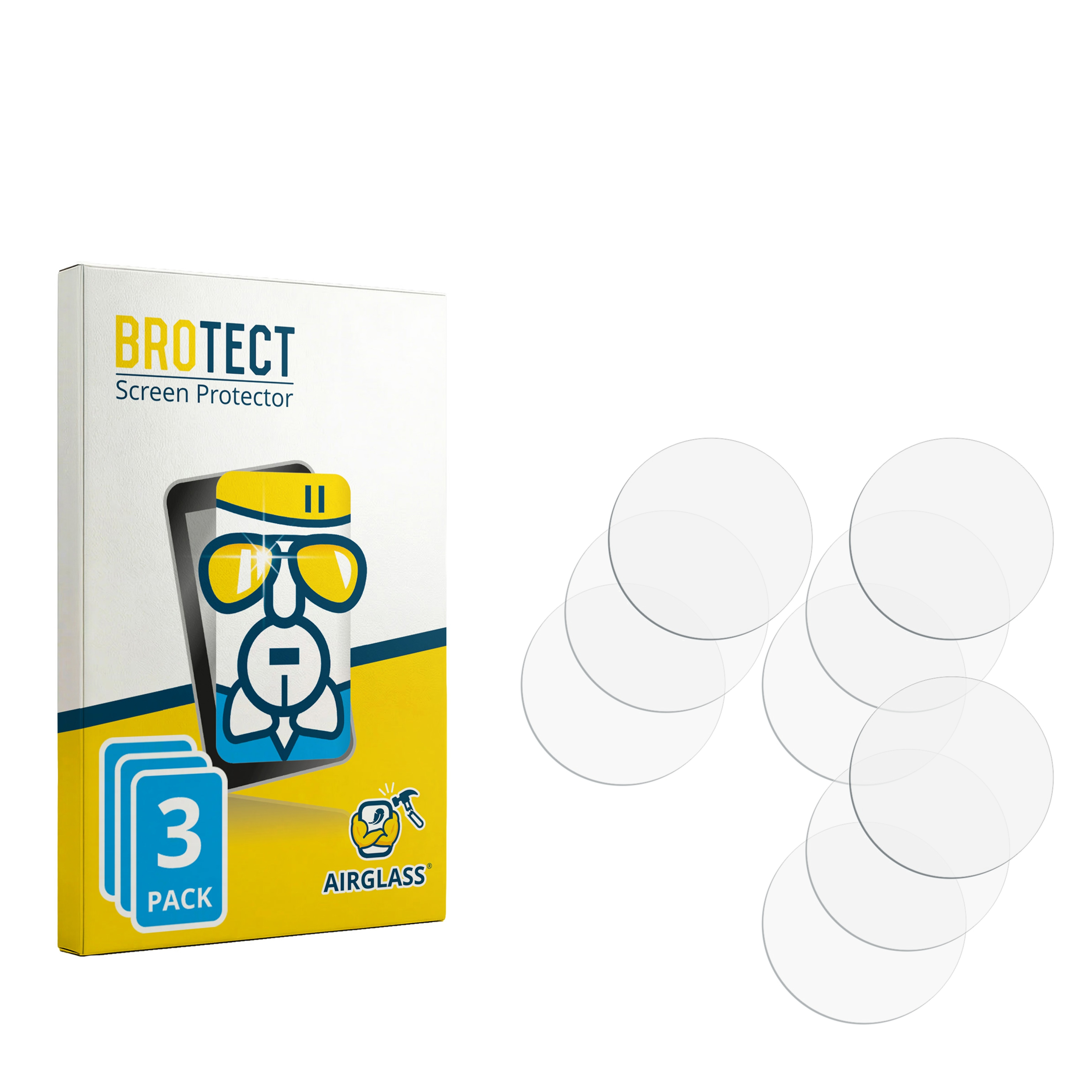 Verpackung für Brotect Displayschutzfolien mit 3 Stück und mehreren runden Folien daneben.