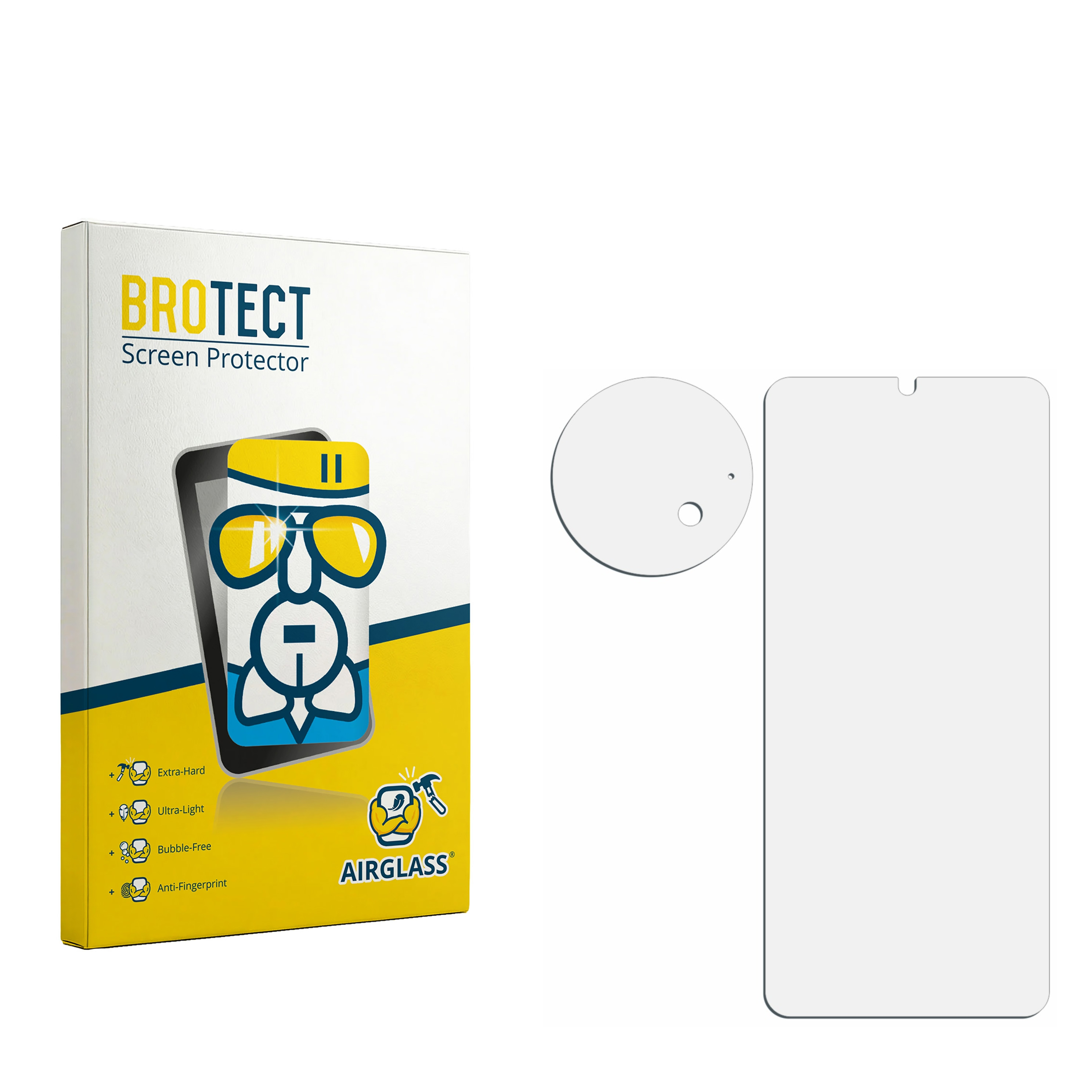 Protective film set with packaging: screen protector, circular lens protector.
