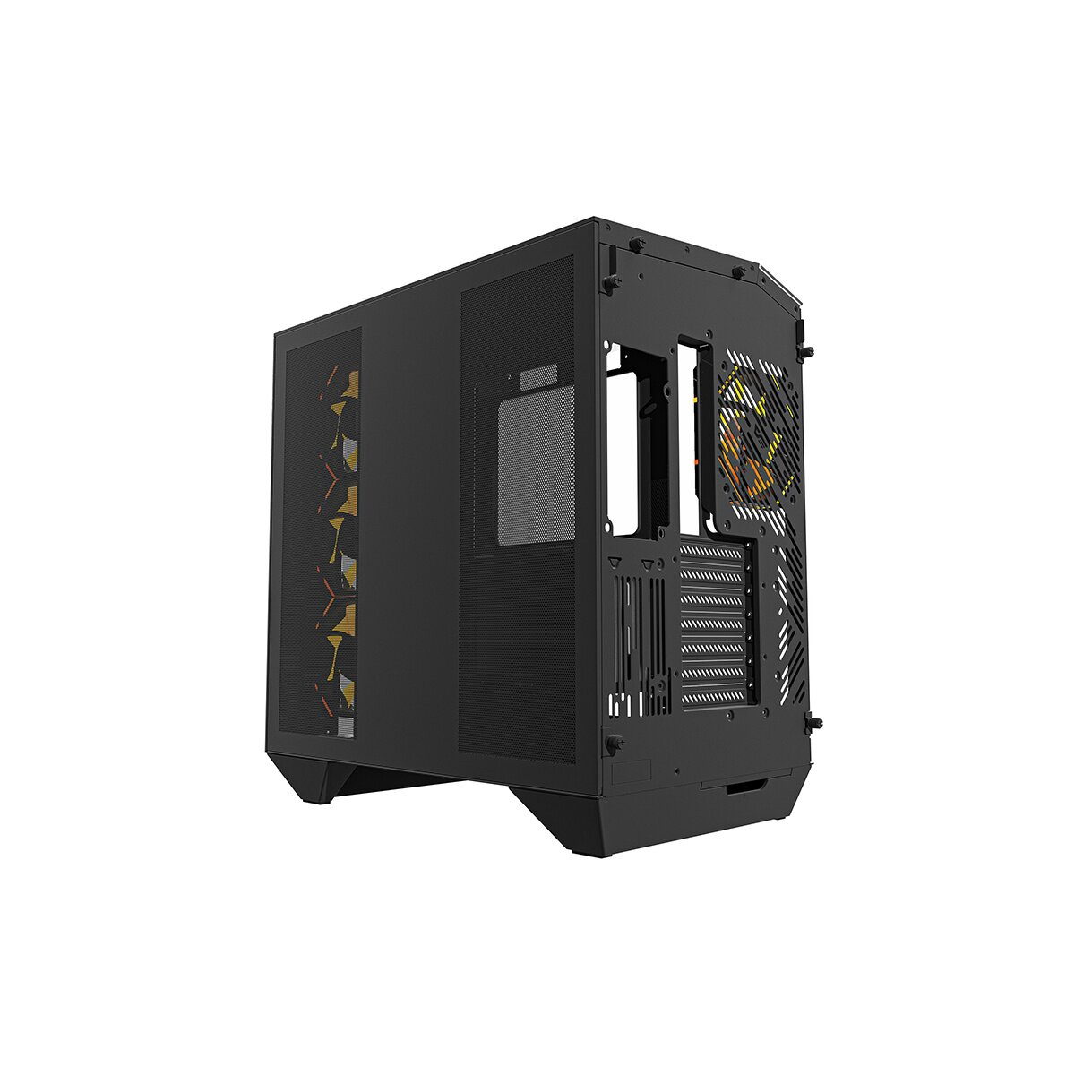 Case del computer nero con ventole e connessioni dell'alimentatore.