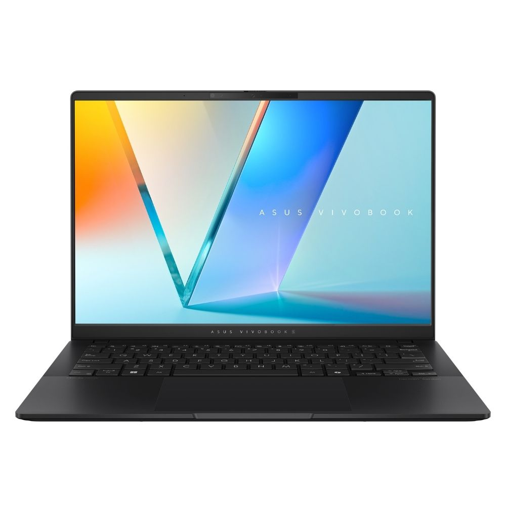 Ekranında renkli duvar kağıdı gösteren siyah bir Asus Vivobook dizüstü bilgisayar.