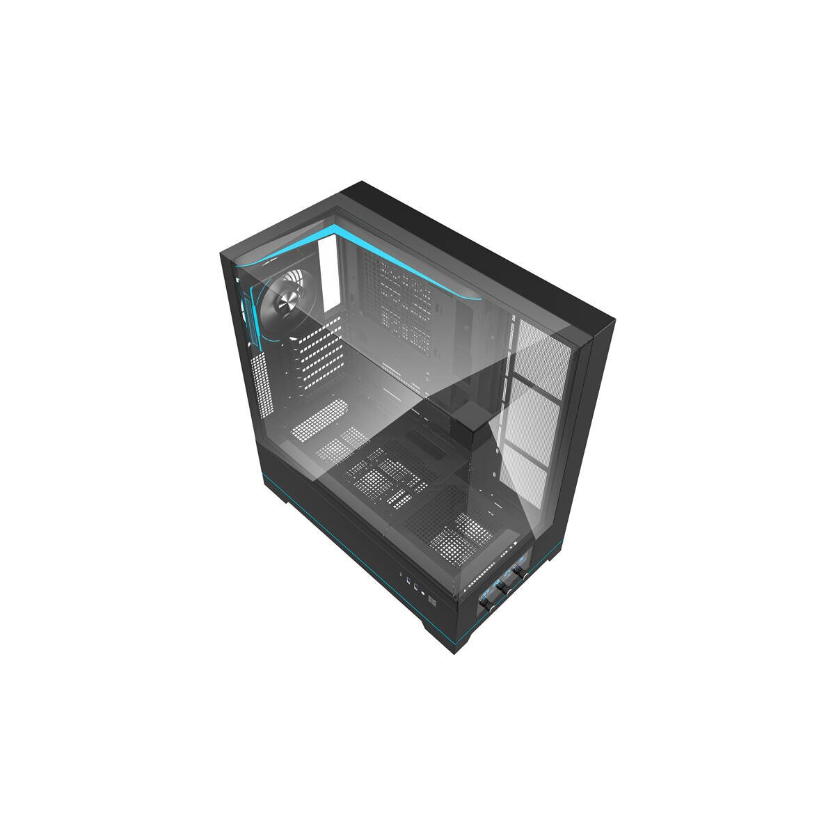 Case per computer nero con frontale in vetro e accenti blu.