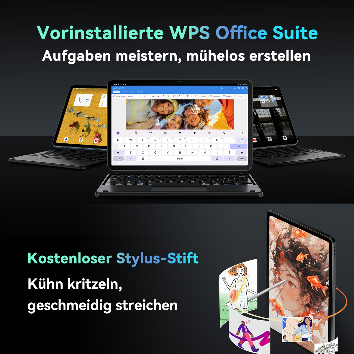 Tablets mit WPS Office Suite und Tastatur; unten ein Stift und Kunstwerke.