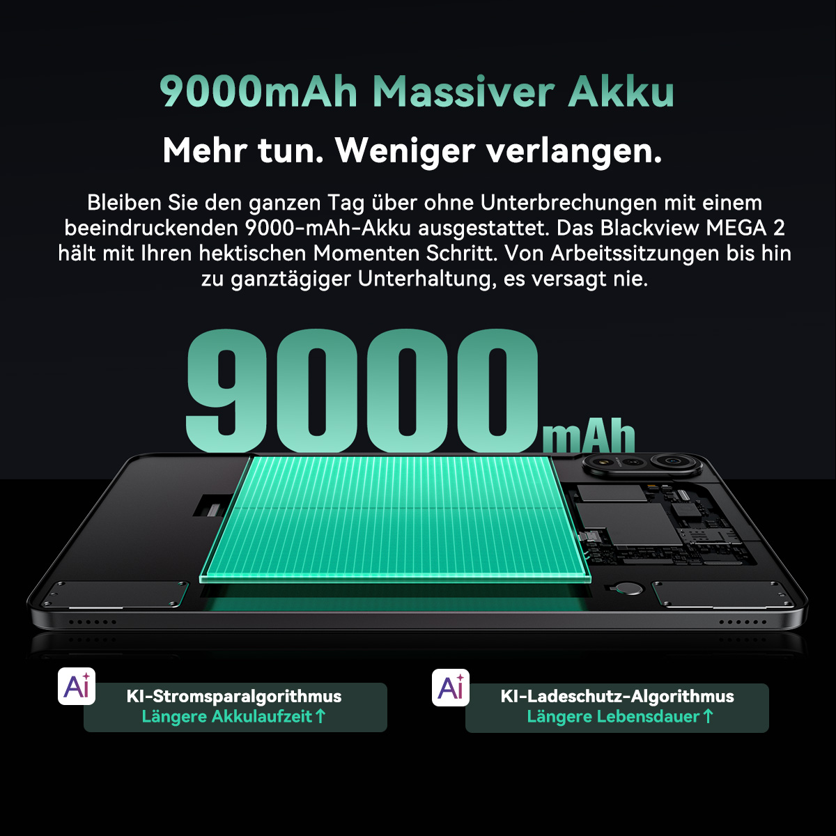 Ein Smartphone mit 9000mAh Akku, hervorgehoben mit KI-Algorithmen.