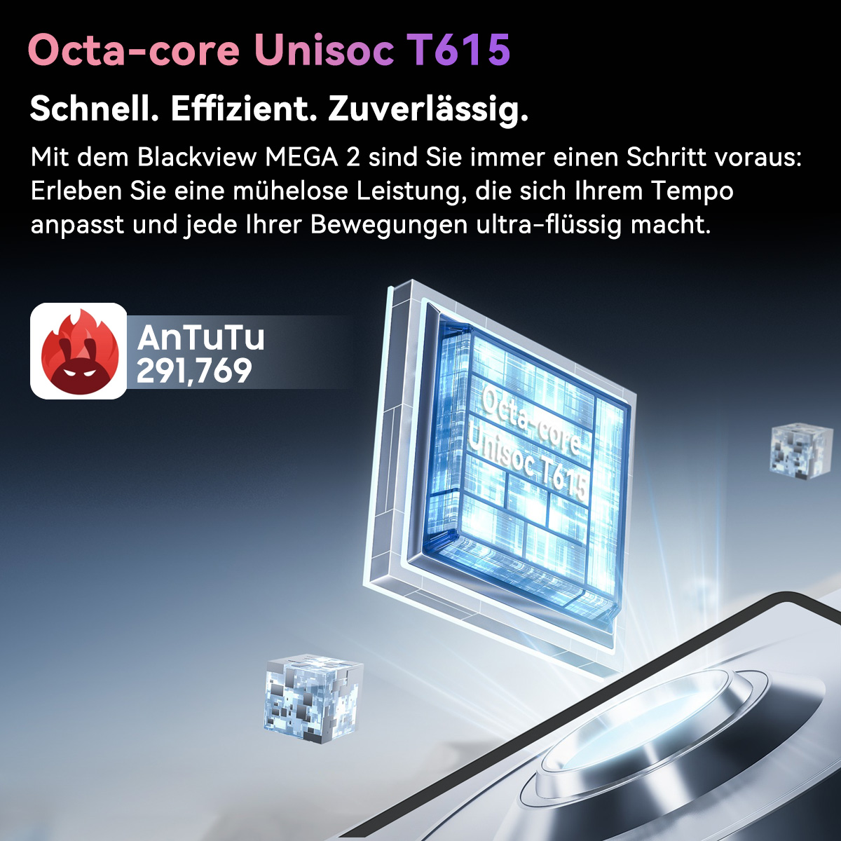 Octa-core Unisoc T615 Chip mit AnTuTu Score 291,769. Grafische Darstellung eines Prozessors.