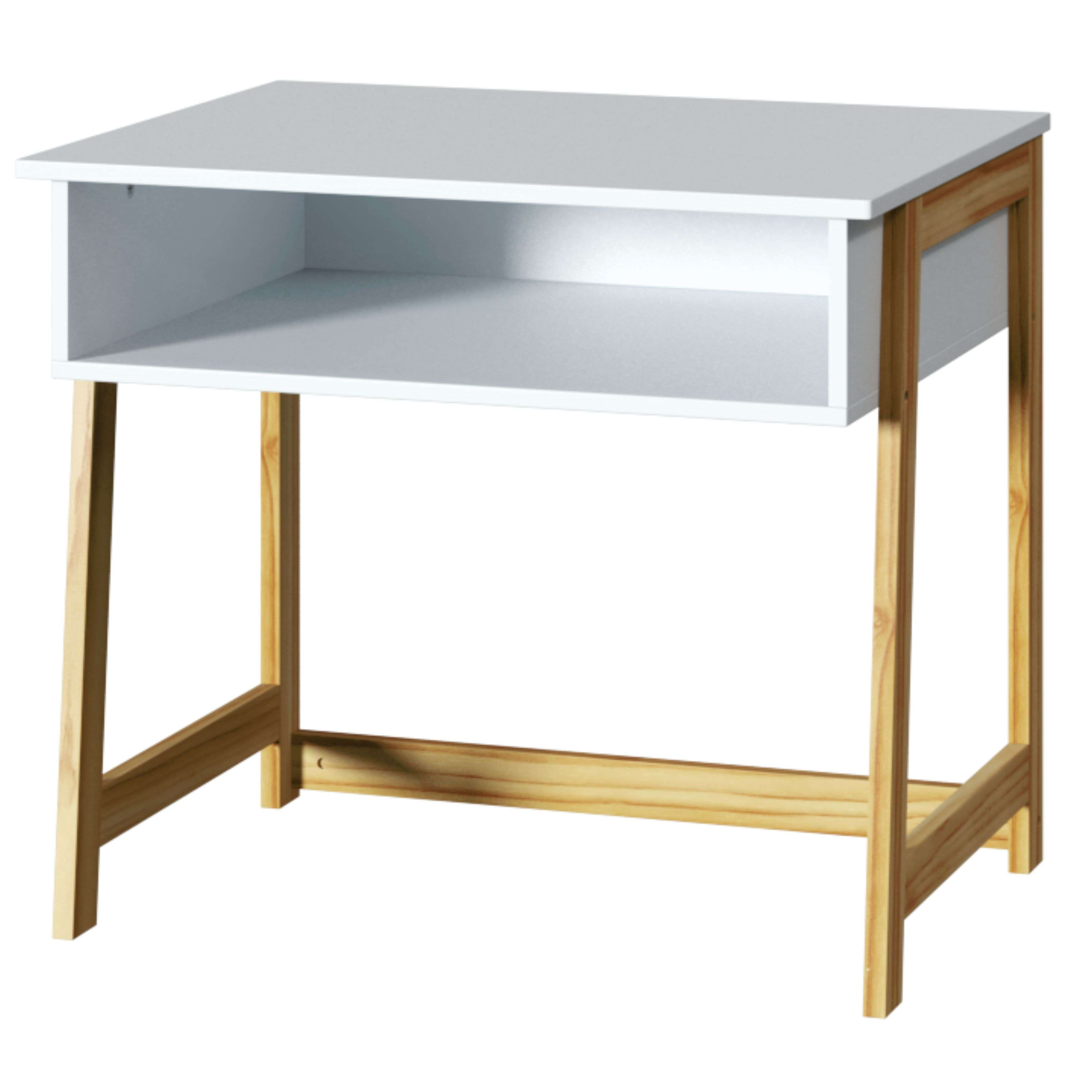 Un escritorio blanco con patas de madera y un estante abierto.