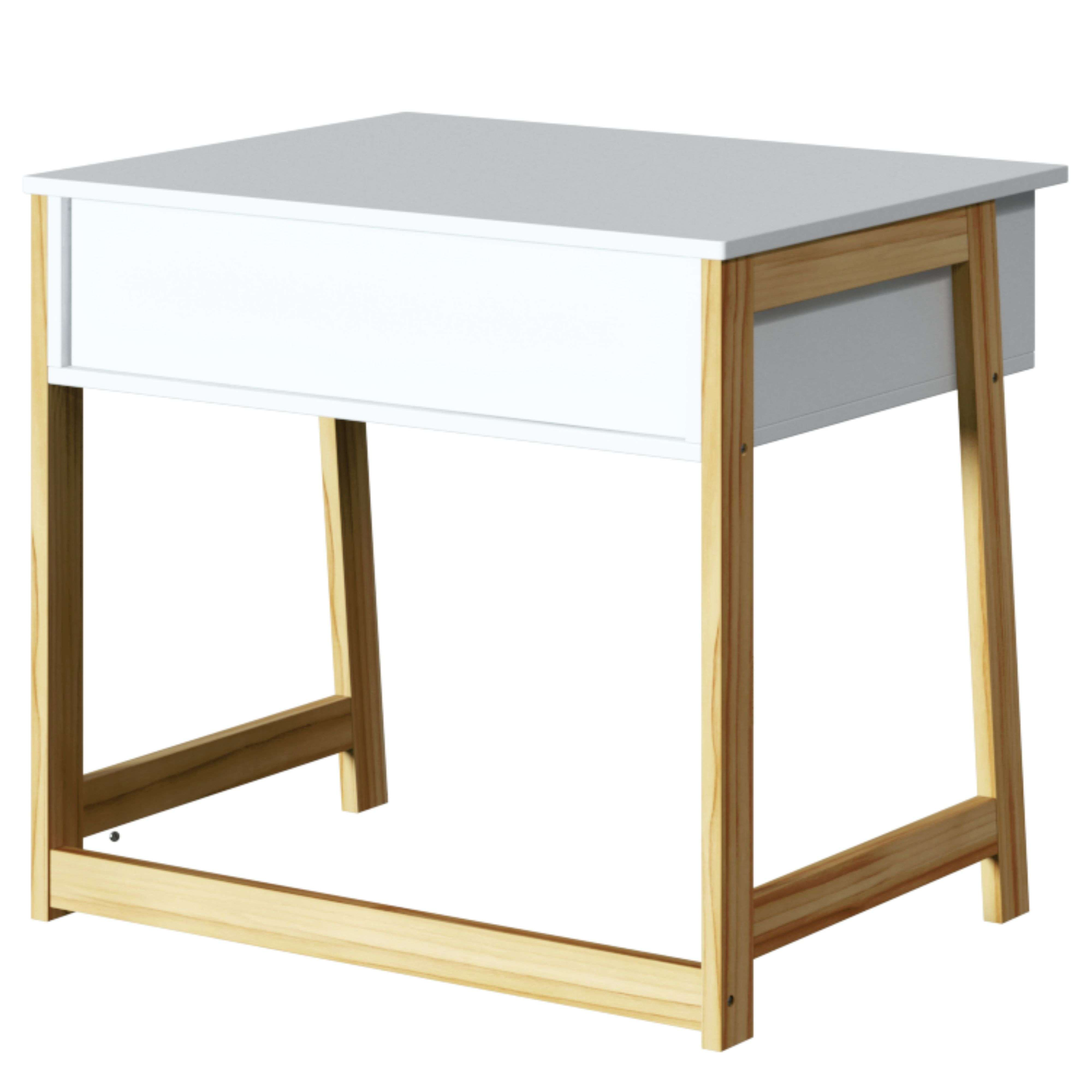Una mesita de noche blanca con patas de madera y un cajón.