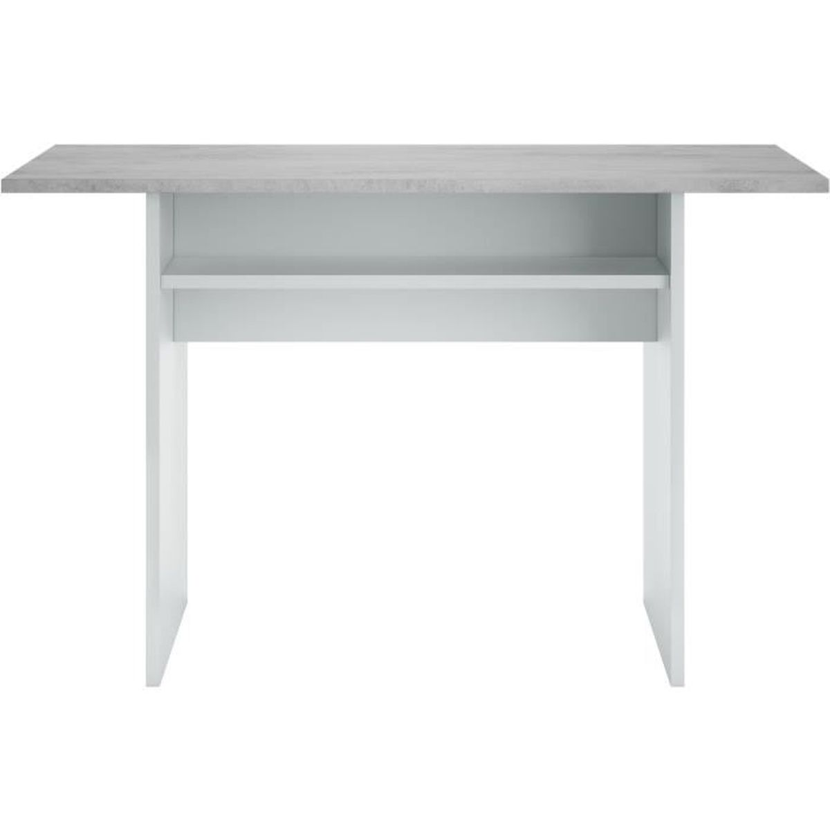 Una mesa estrecha con tapa de piedra clara y estructura blanca con estante.
