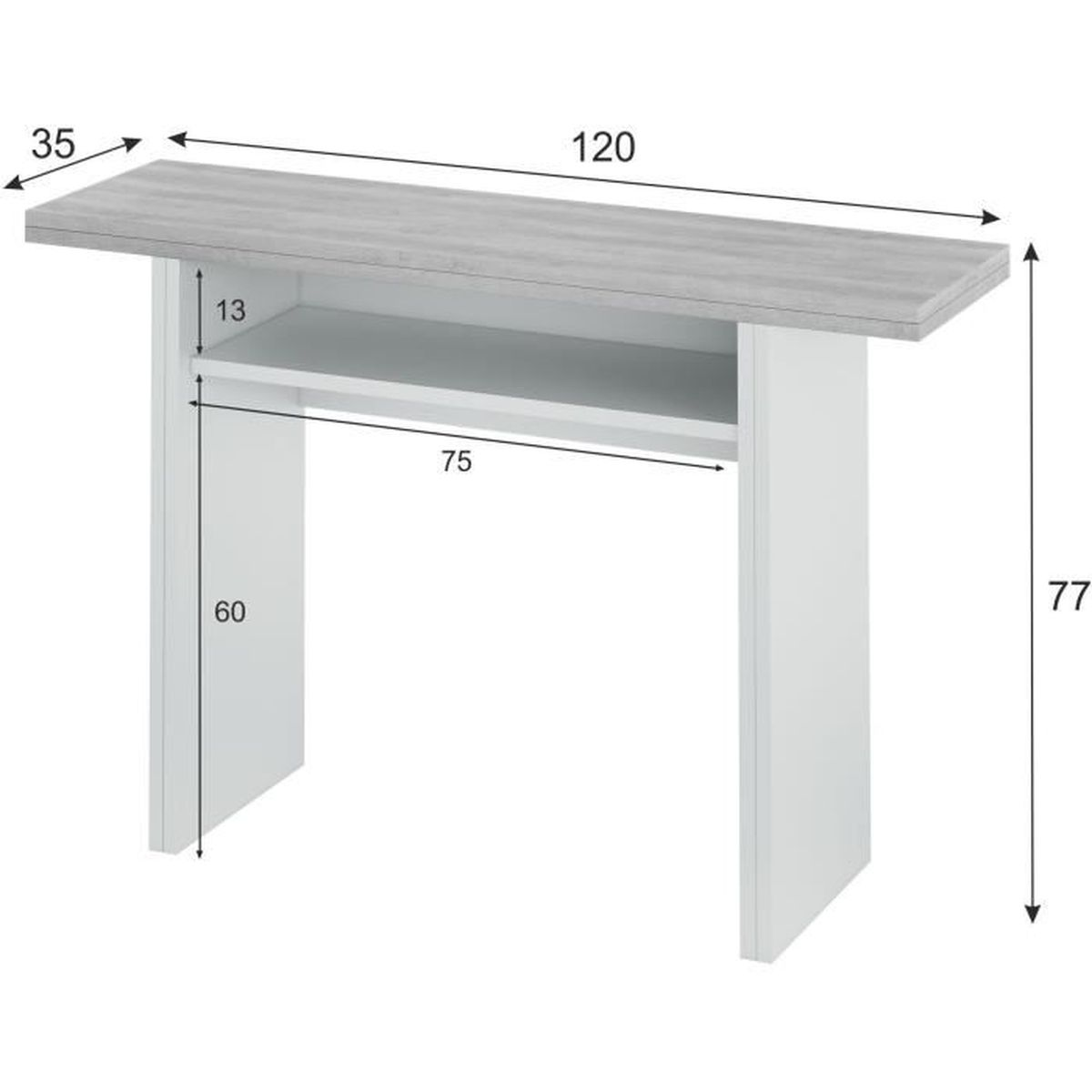 Una mesa estrecha con marco blanco y tapa de laminado de madera. Se indican las dimensiones.
