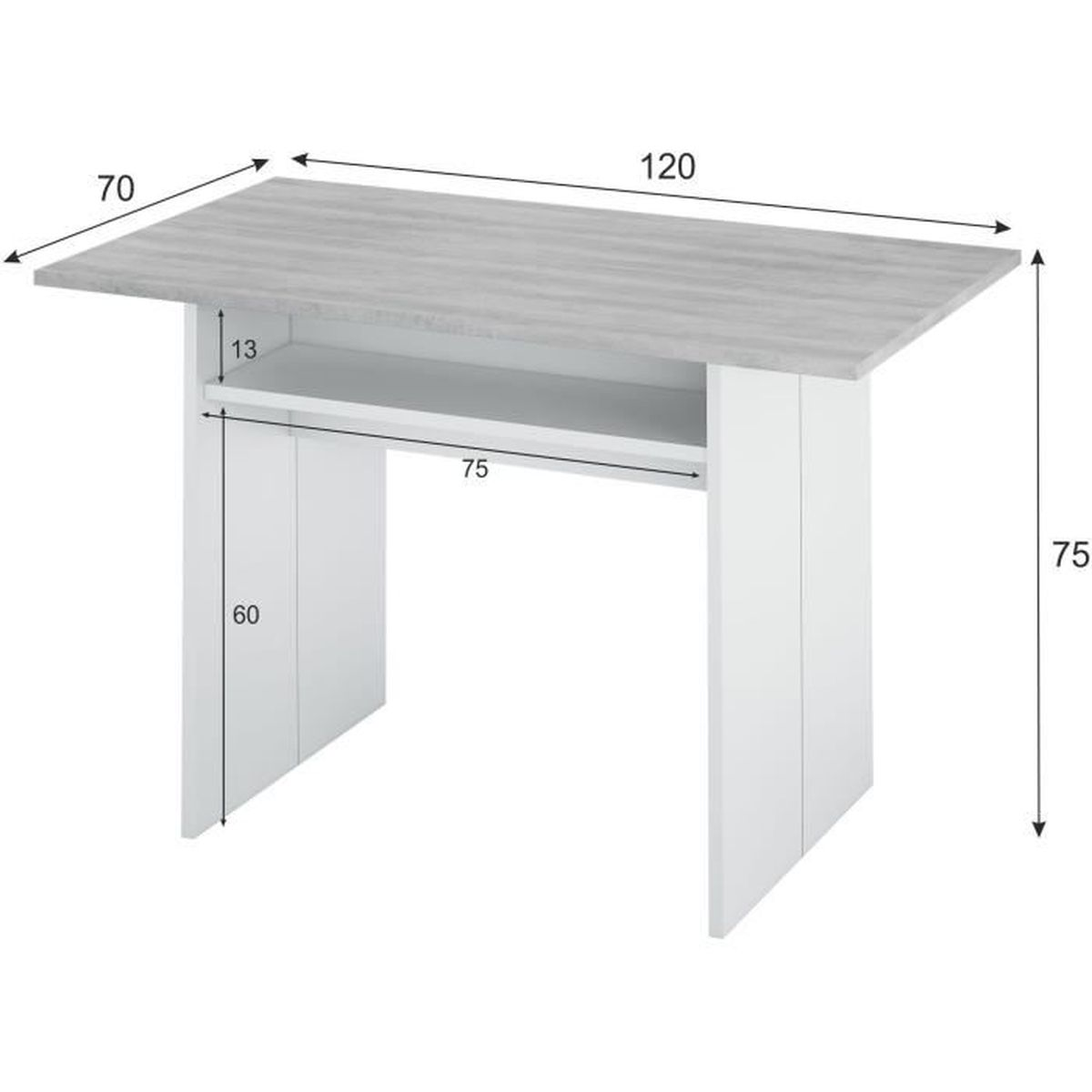 Una mesa blanca con tapa de madera gris y un estante. Se indican las dimensiones.
