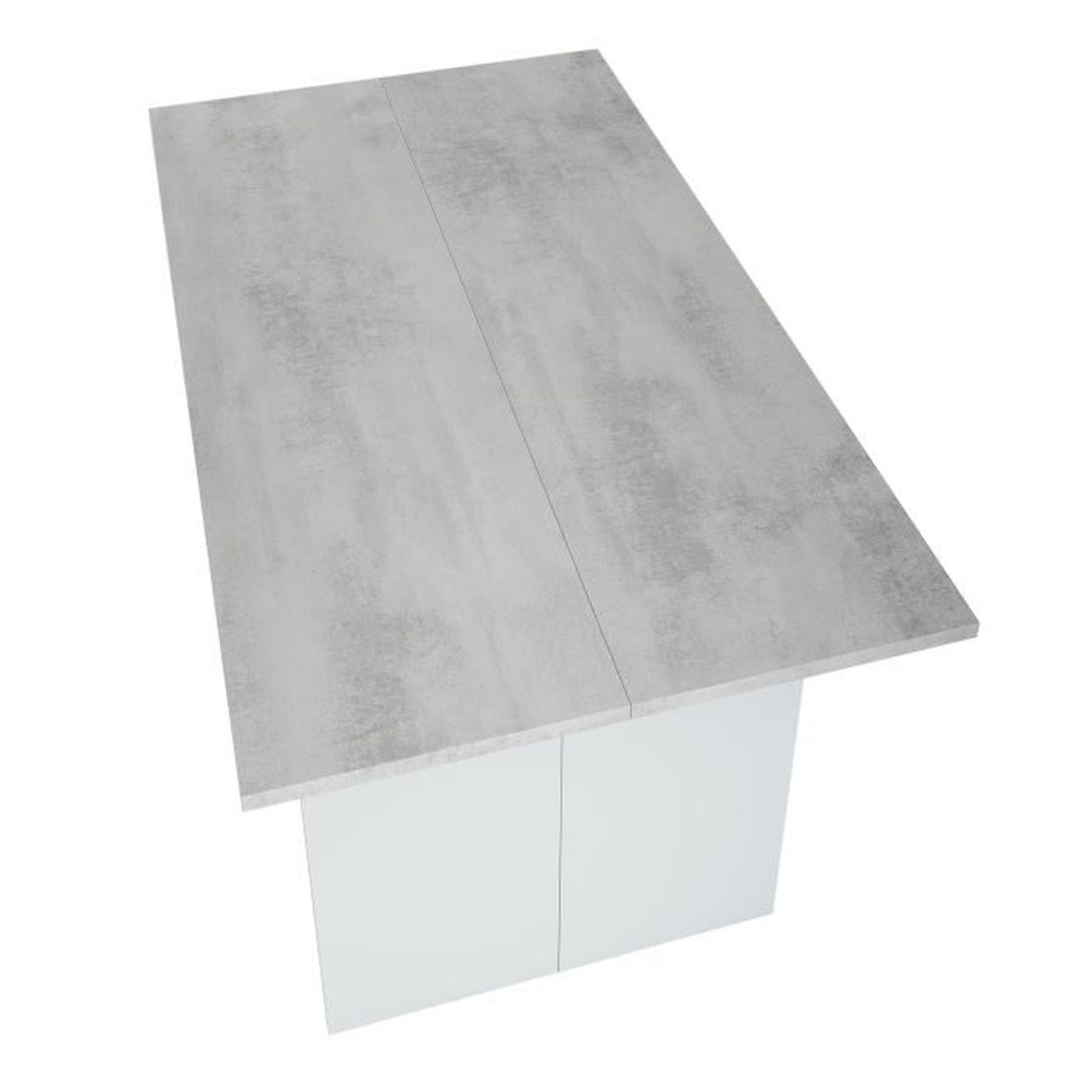 Mesa gris con aspecto de hormigón y base blanca.