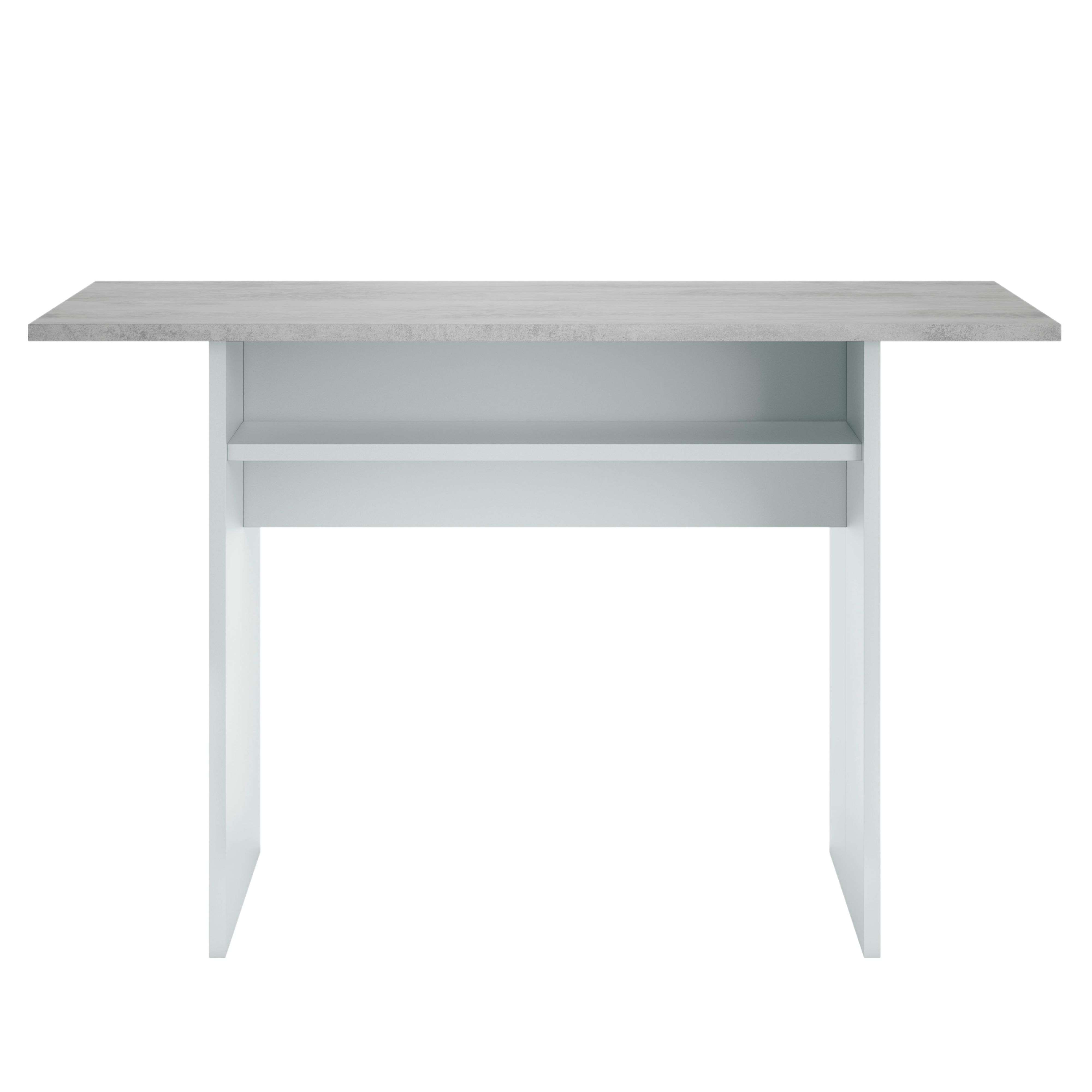 Una mesa rectangular con tapa gris y patas blancas.