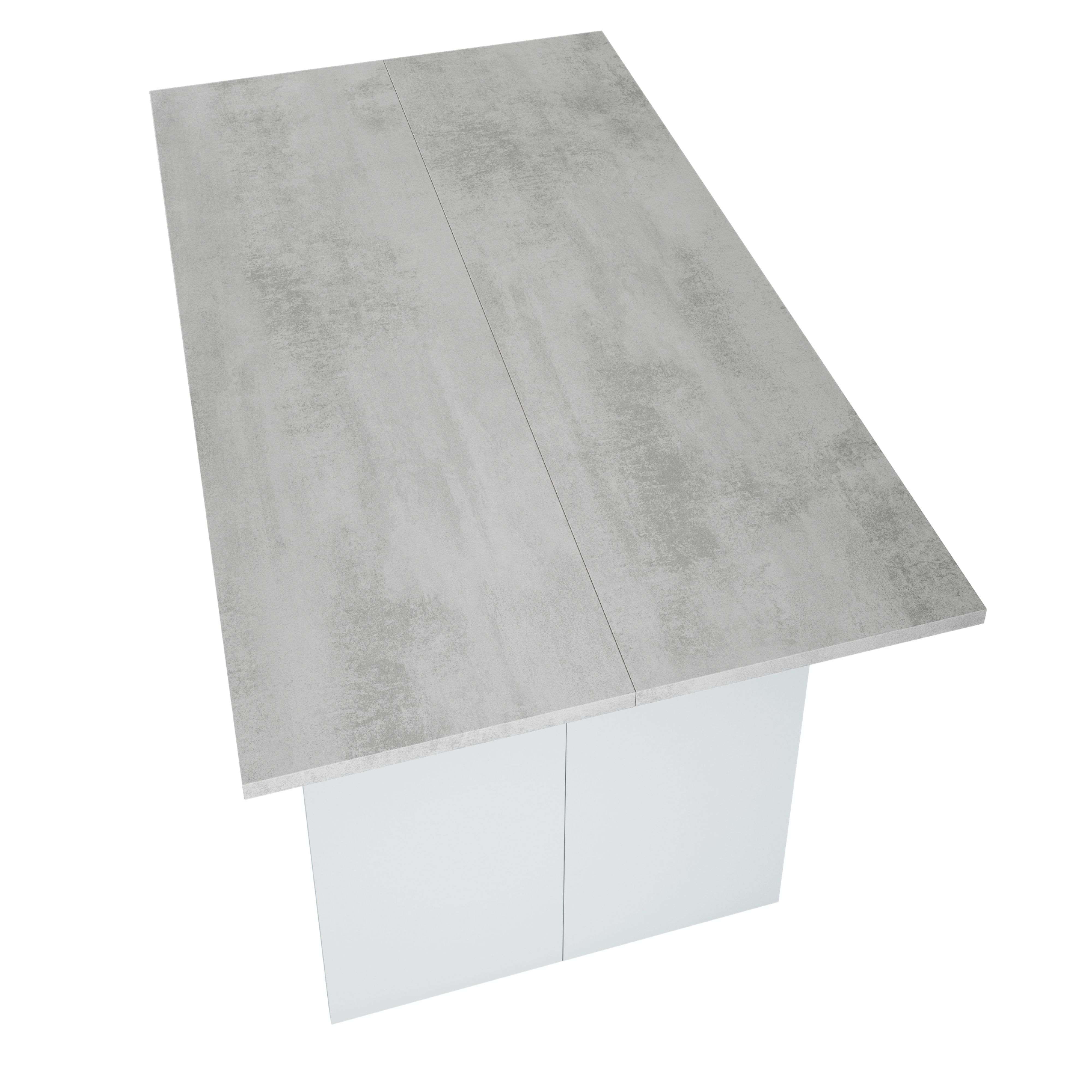 Mesa rectangular con tapa de hormigón gris y patas blancas.