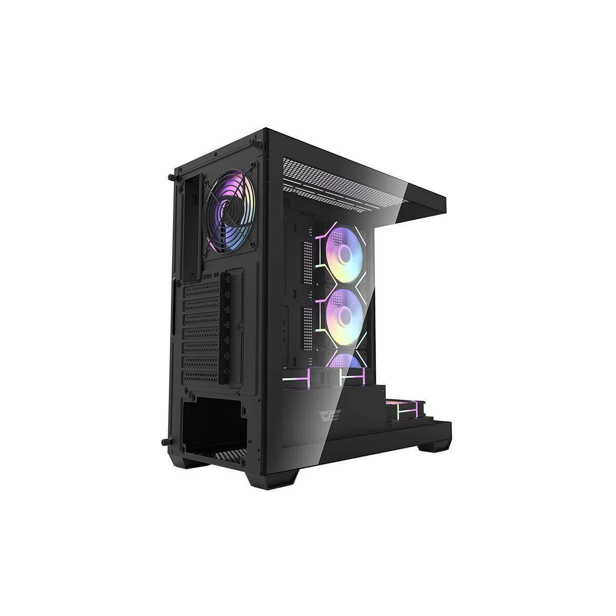 Schwarzes Computergehäuse mit RGB-Lüftern, sichtbar durch Seitenteil aus Glas.