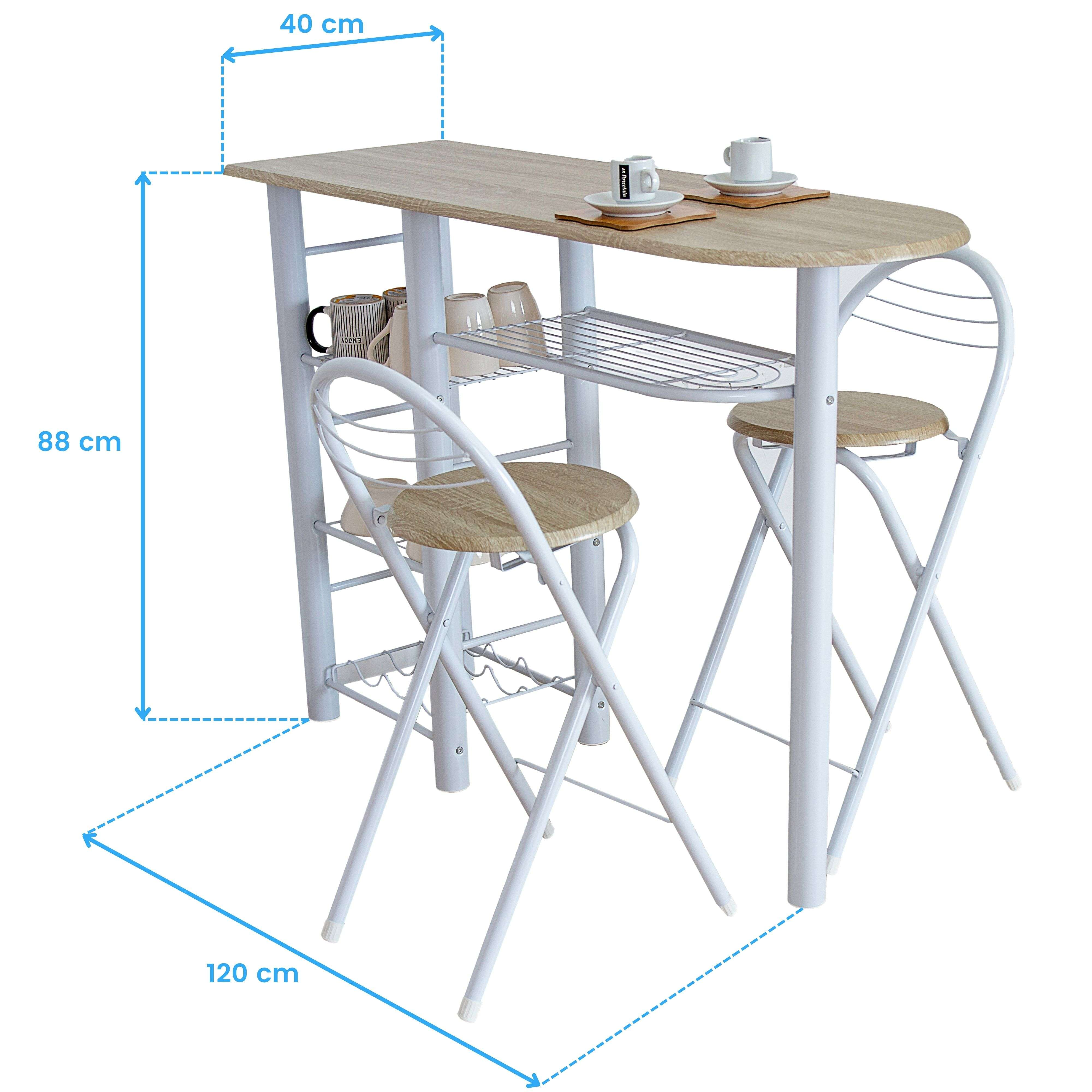 Una mesa alta estrecha con dos taburetes, dimensiones 120x40x88cm. Superficie de madera clara.