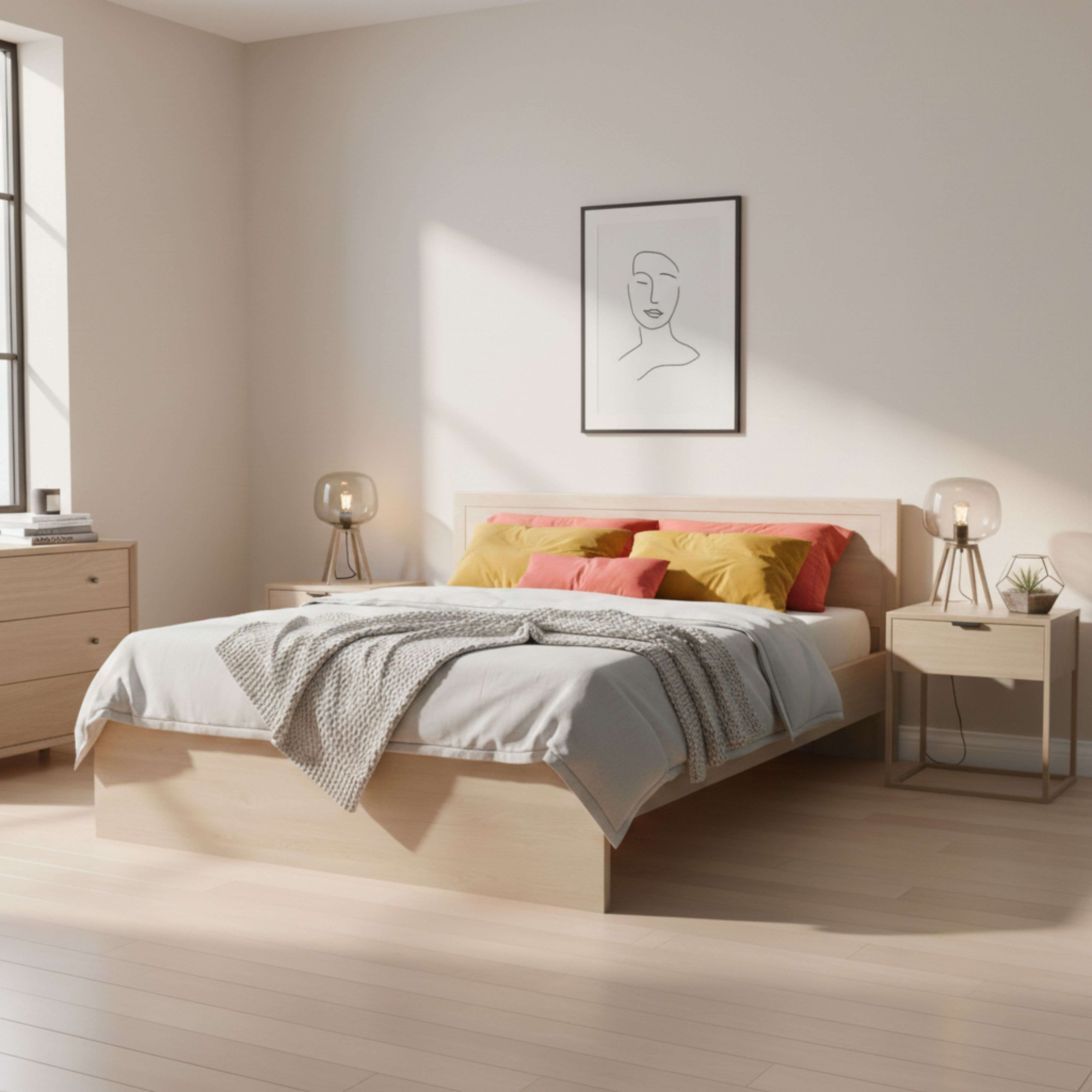 Un dormitorio luminoso con cama, mesitas de noche, cómoda y ventana.