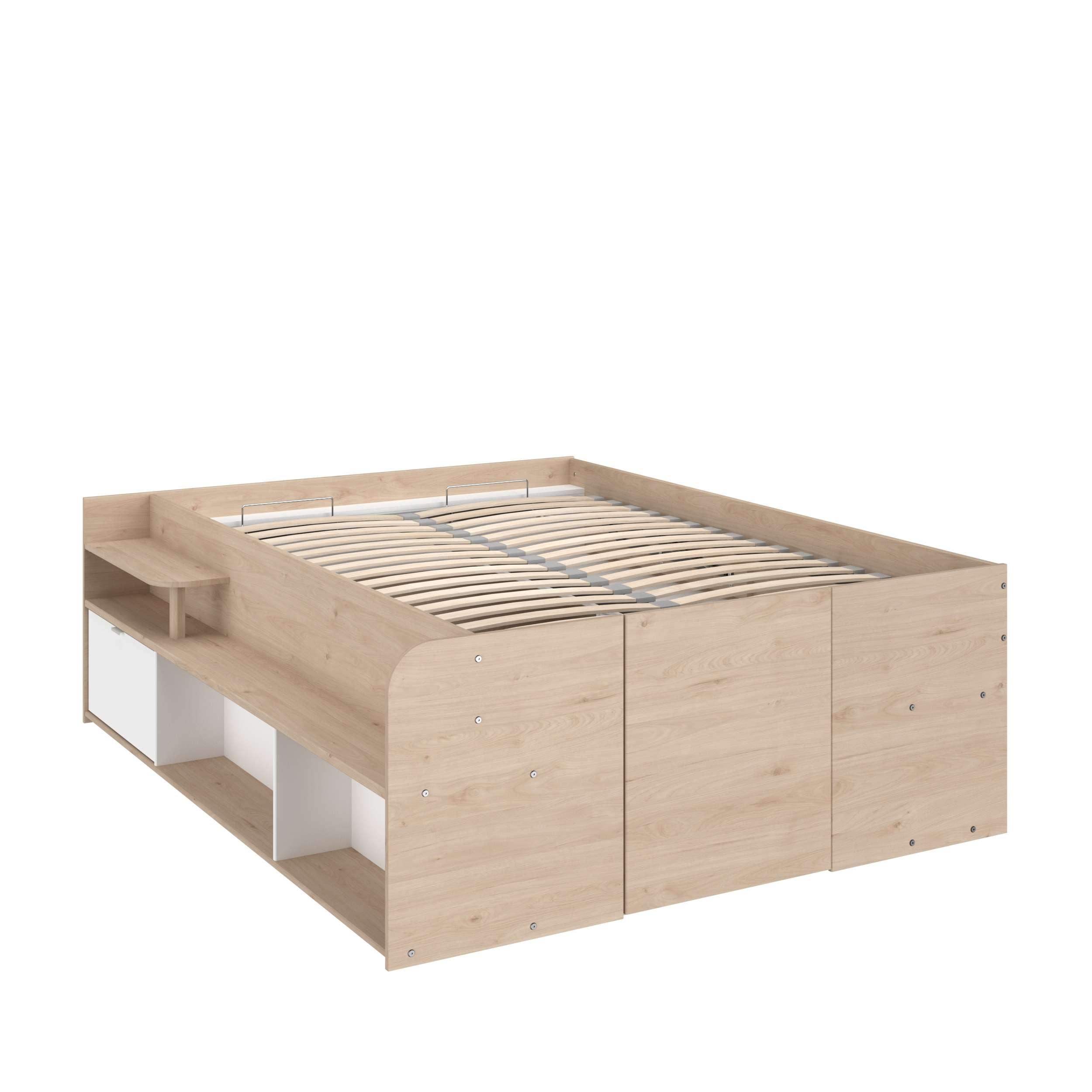Una base de cama de color marrón claro con somier de listones, compartimentos de almacenaje y cajones.