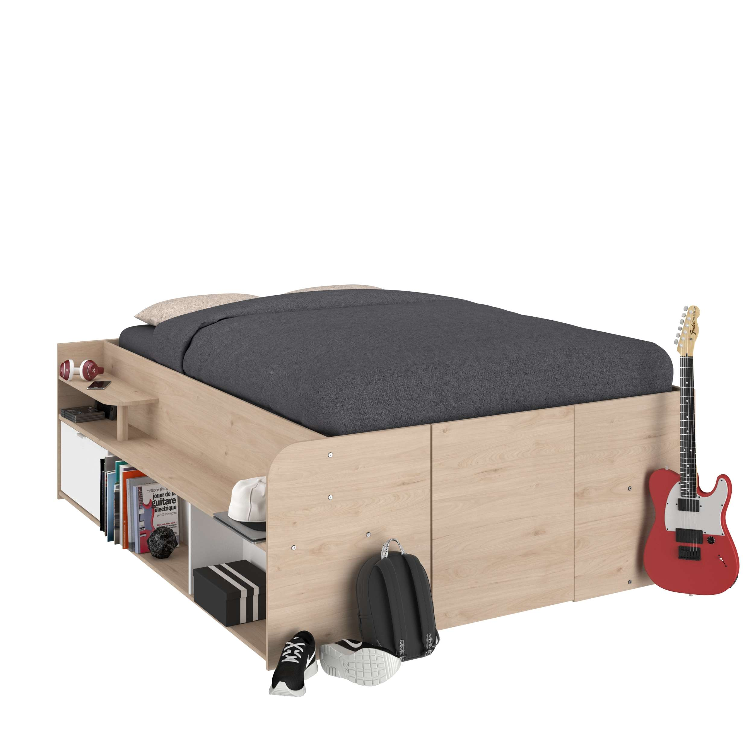 Una cama con ropa de cama oscura, guitarra eléctrica roja, libros y mochila cerca.